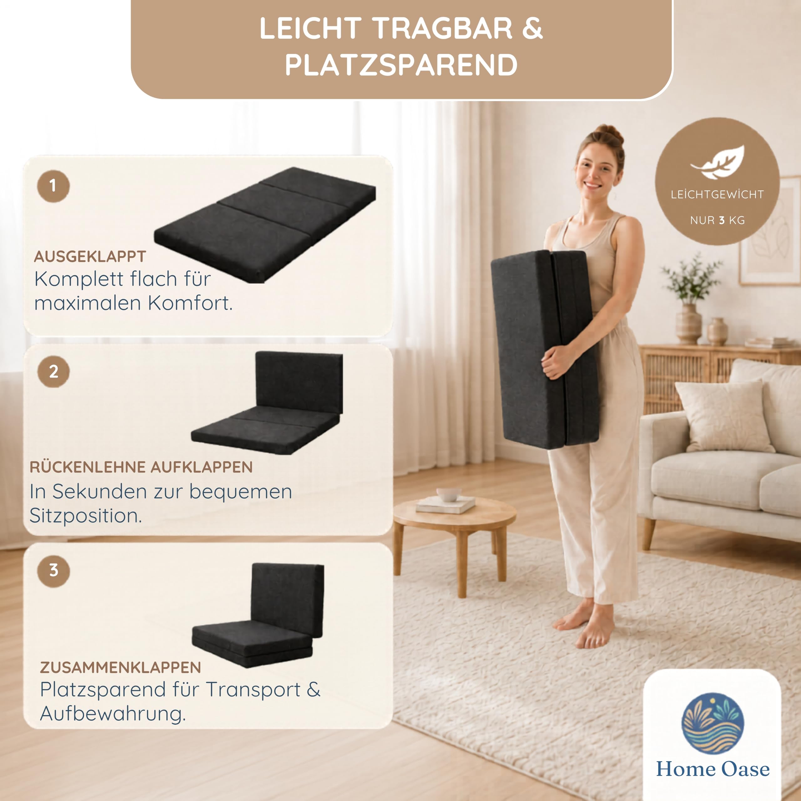 Klappbare Matratze | 190x60x7 cm | Waschbarer Bezug für einfache Reinigung | Klappmatratze mit Viscoschaum - Faltmatratze für Gäste | Auch als Klappmatratze Kinder für Übernachtungen geeignet