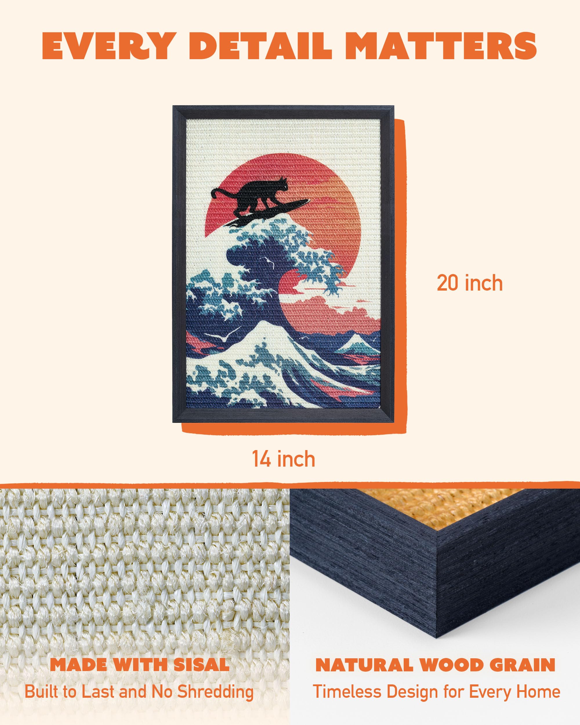 Tiragraffi decorativo da parete per gatti per graffi verticali, 35,6 x 50,8 cm, in sisal con cornice, senza trapano, resistente alternativa al cartone (The Cat Wave)