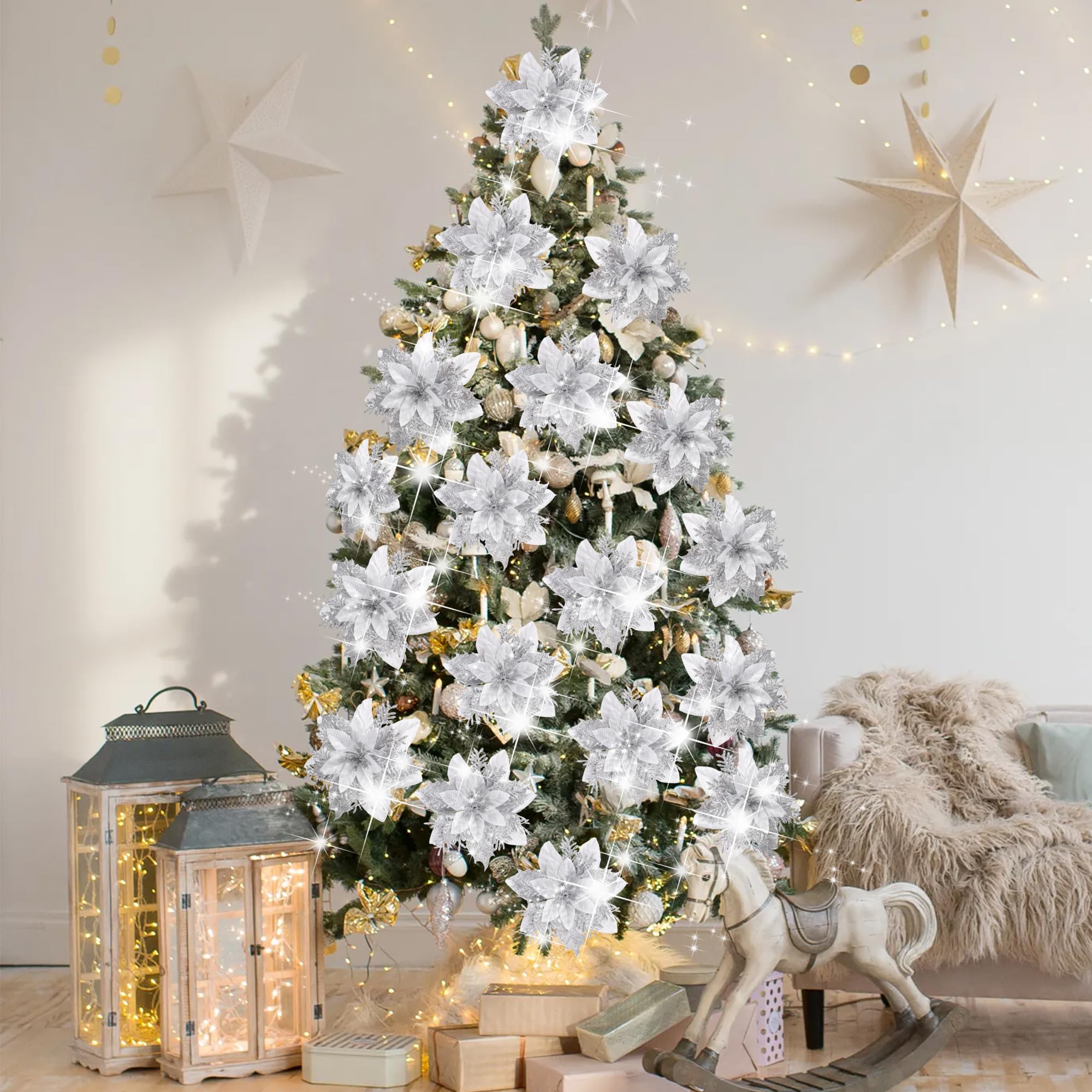 TIYCNIY 15 Pieces Glitter Poinsettia Christmas Decorations,Artificial Flowers Christmas Tree Ornaments,for New Year Wedding Xmas Wreath Home Party Decor (Silver) - Image 4