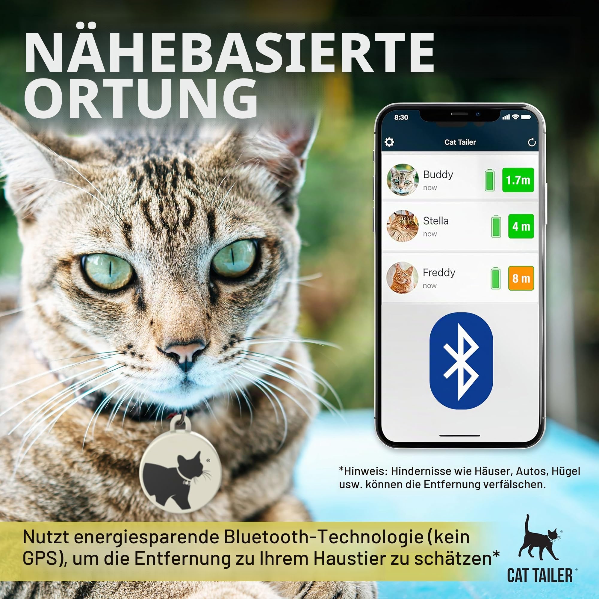 Katzen-Tracker – kleines und leichtes wasserdichtes Bluetooth-Halsband für Haustiere, 100 m Reichweite, austauschbare 6 Monate Akkulaufzeit, kompatibel mit Android/Apple iOS