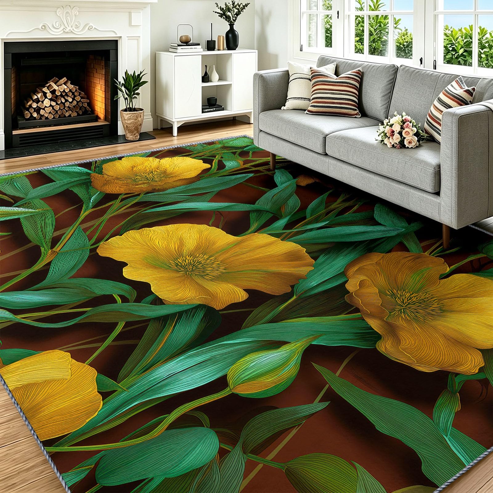 Lavable Tapis Floral Vintage Salon Pile Courte Rug 180 x 240 cm
