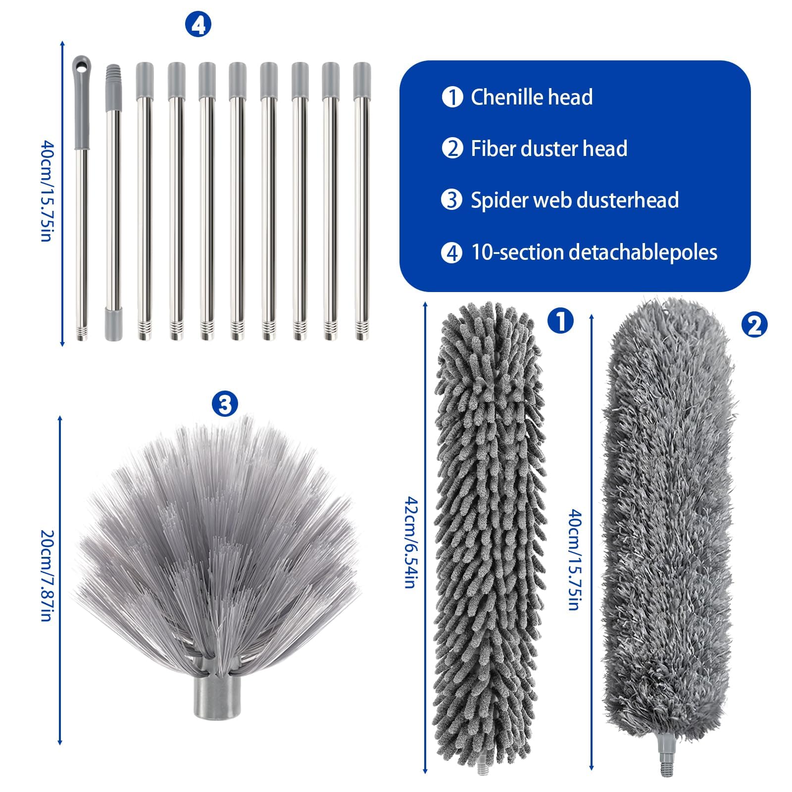 Set di spolverini da 6 m, Asta Telescopica Regolabile da 1,5 a 4,9 m, spolverino telescopico, togli ragnatele allungabile, Scopa Polvere Pulizia Ventilatori Soffitto, Tapparelle, Ragnatela