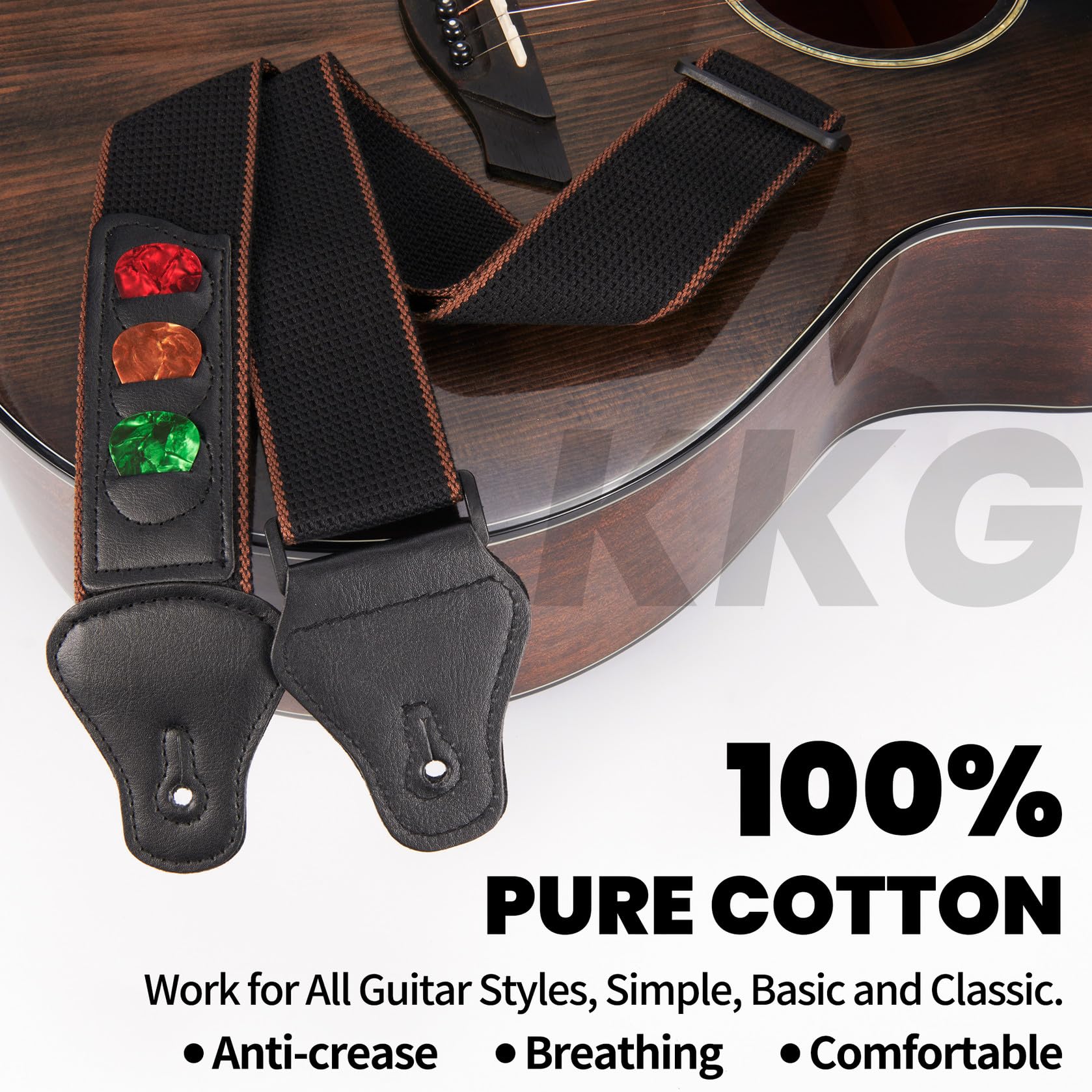 KKG Guitar Wall Mount,Guitar Strap Wood Guitar Hanger for Safe Storage and Display Sturdy Wall Hanger for Acoustic Electric Guitar Bass Banjo Mandolin (A:1 Hanger& 1 Strap)