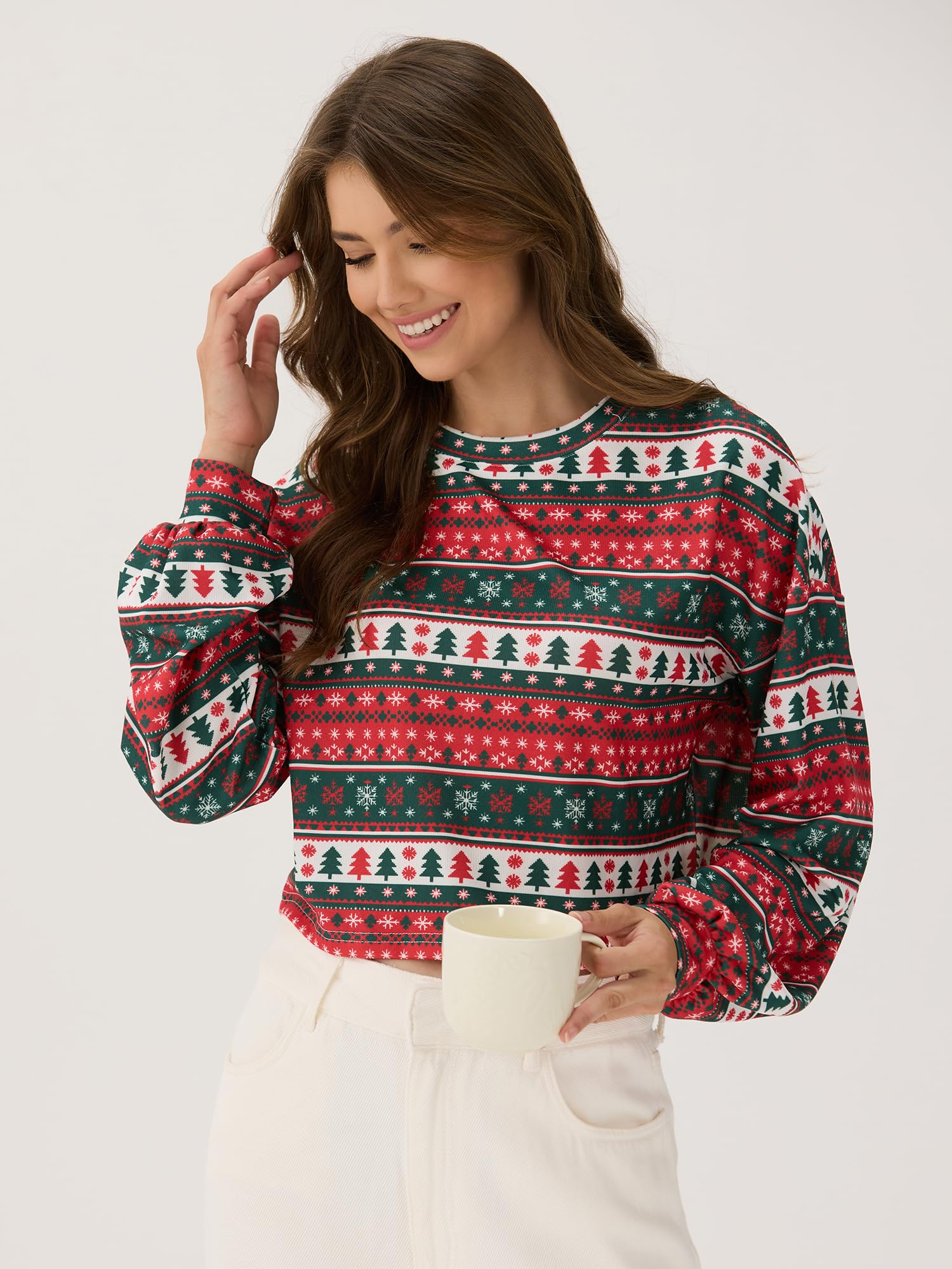 ZAFUL Women's Tribal Ethnic Graphic Cropped Knitwear Bohemian Long Sleeve Pullover Sweater Boho Drop Shoulder Knitted Top