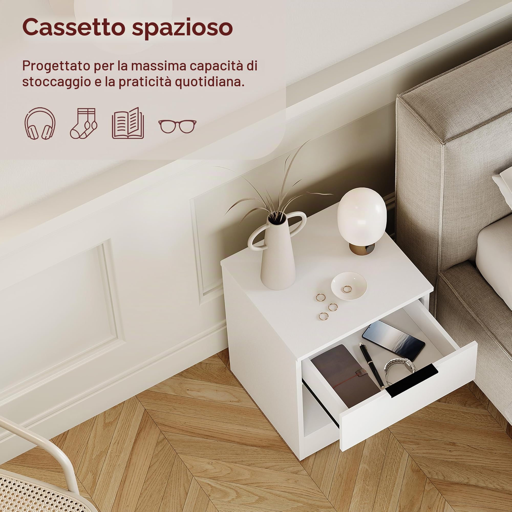 Vida Designs Trega - Comodino con 1 cassetto, compatto, salvaspazio, 41 x 39 x 28 cm (altezza x larghezza x profondità), in legno ingegnerizzato, cassetto scorrevole liscio, moderno manico nero