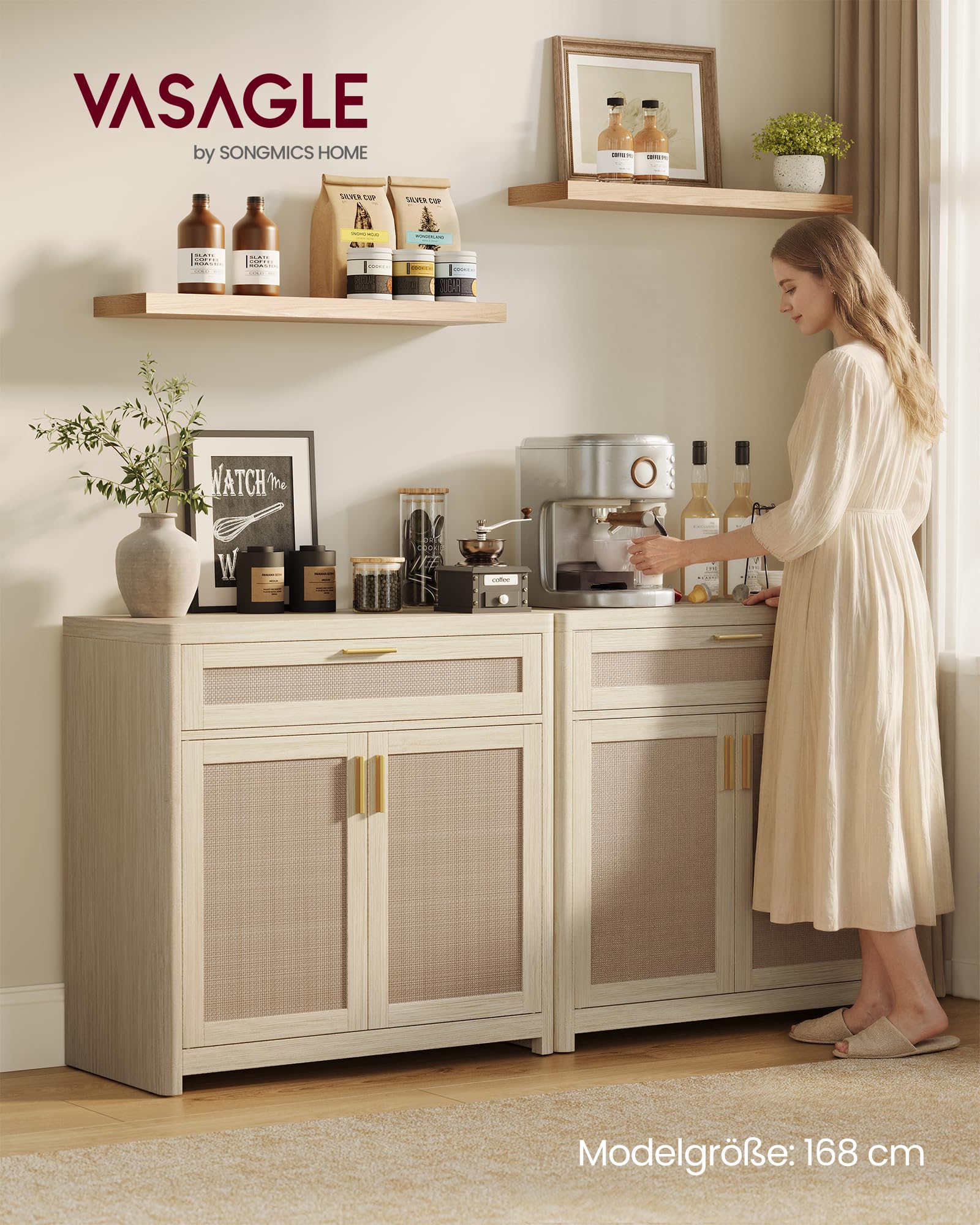 VASAGLE ELLAN Kollektion - Küchenschrank, Sideboard Boho-Stil, Türen in Rattan-Optik, Aufbewahrungsschrank, abgerundete Ecken, verstellbare Ablage, Schublade, Küche, naturbeige BBK601LC01