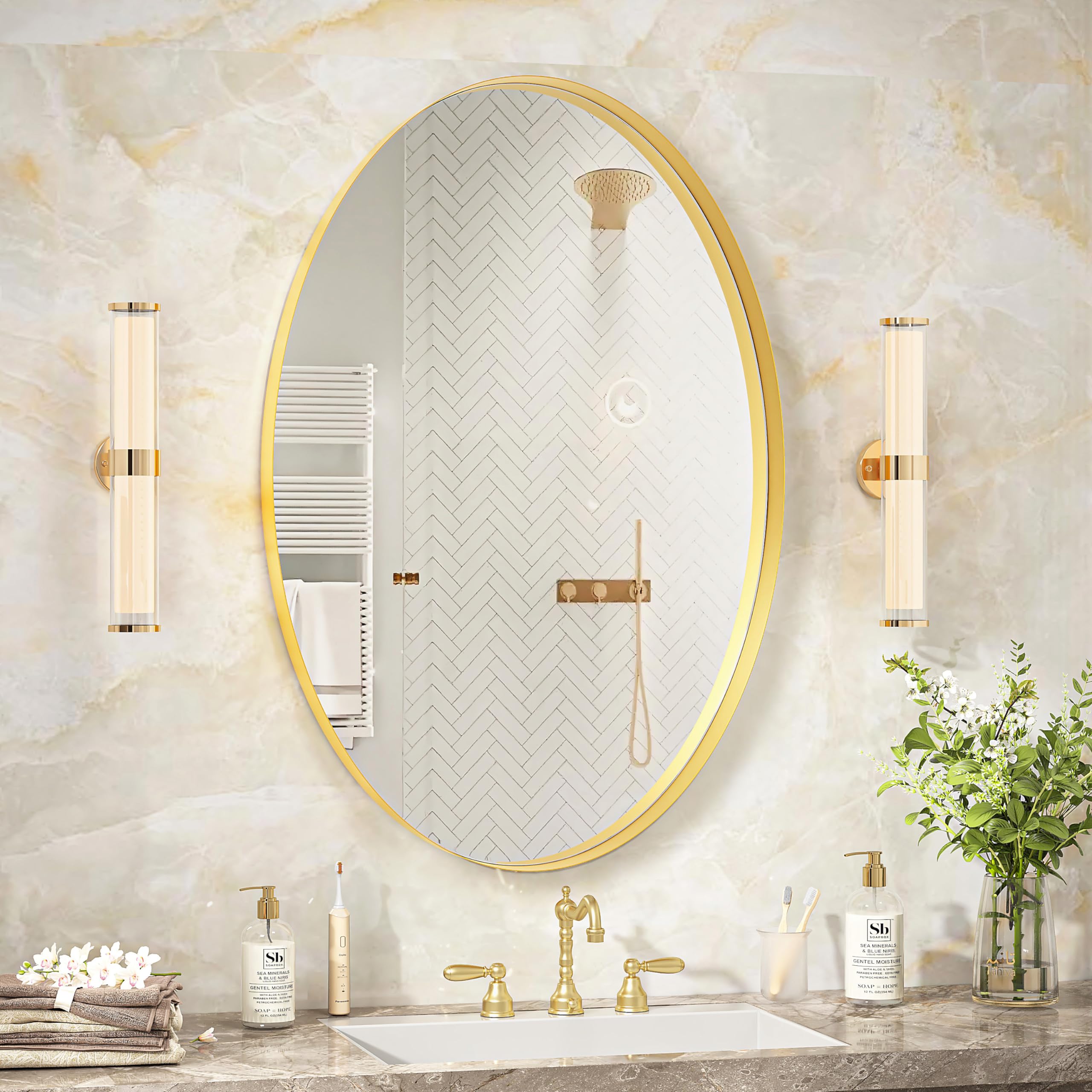 Oval Metal-Framed Wall Mirror - Bathroom Decorative Wall Mounted Mirror 24×36in Gold Clean Vanity Mirror for Bedroom Living Room.