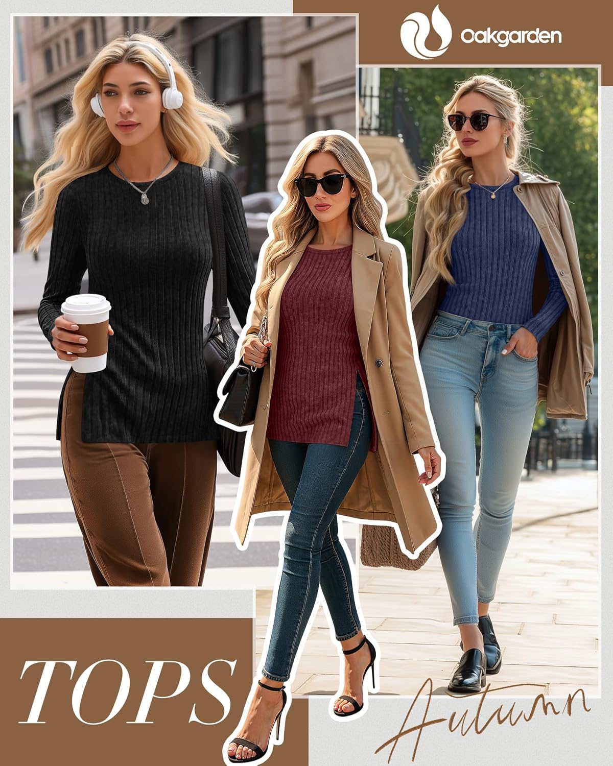 3 Pack Women's Long Sleeve Shirts with Side Split Crew Neck Lightweight Tunic Sweaters Ribbed Casual Fall Tops - Image 2