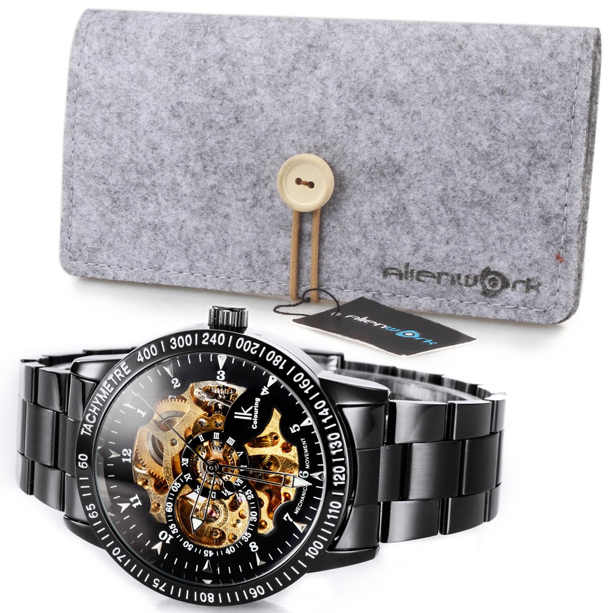 Alienwork IK Reloj Automático Hombre Mujer Negro Pulsera de Metal Acero Esqueleto Fondo de Vidrio