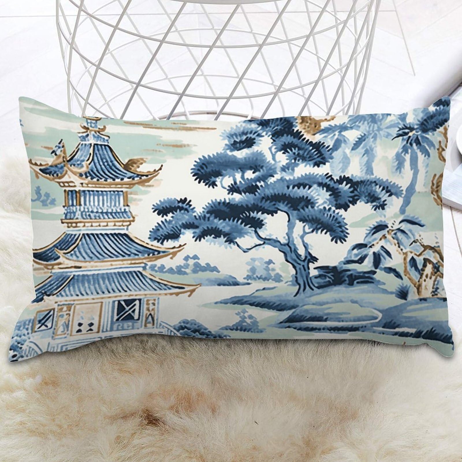 Decstic Style-6 Rectangle Lumbar Pillow Case Blue And White Chinoiserie Pagoda Asian Pillowcase Ming Rain Chinoiserie Square Cushion Cover Retro Square Couch Sofa Cushion Covers For Sofa Couch Car Home 16X24 In