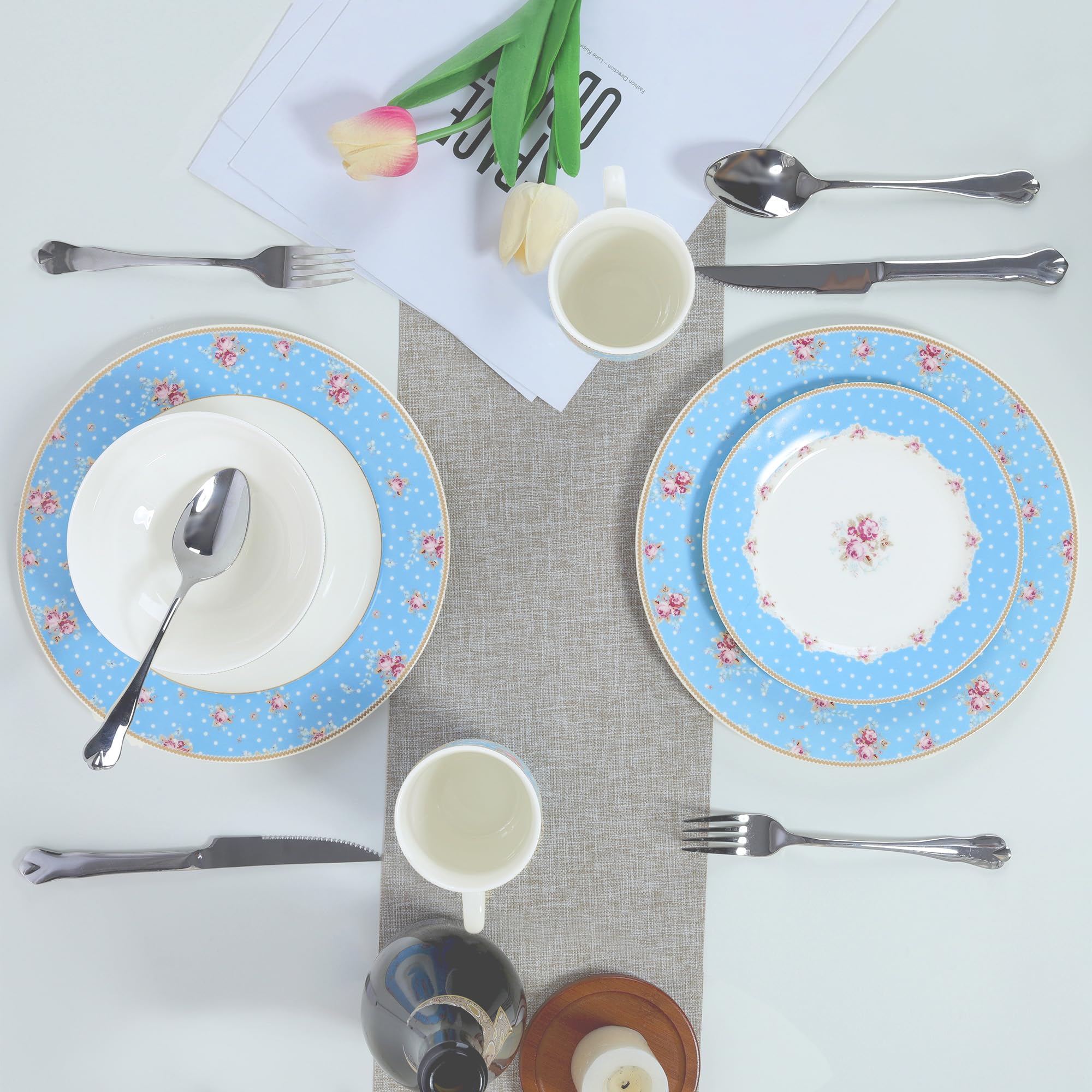 fanquare 12-częściowy niebieski zestaw obiadowy, elegancki zestaw obiadowy z kwiatami, porcelanowe talerze i miski dla 4 osób, można myć w zmywarce i używać w kuchence mikrofalowej