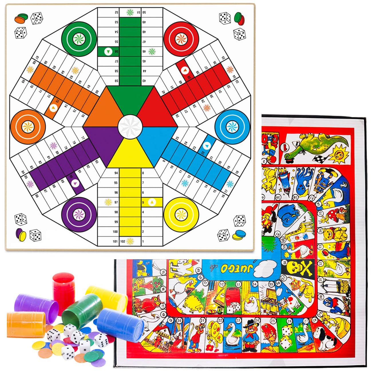 Oca y Parchís/Juego de Mesa 4-6 Jugadores/Juego Tradicional para Niños y Adultos/Reversible 2 en 1 Ambas Caras con fichas para 6 Jugadores 35x35cm