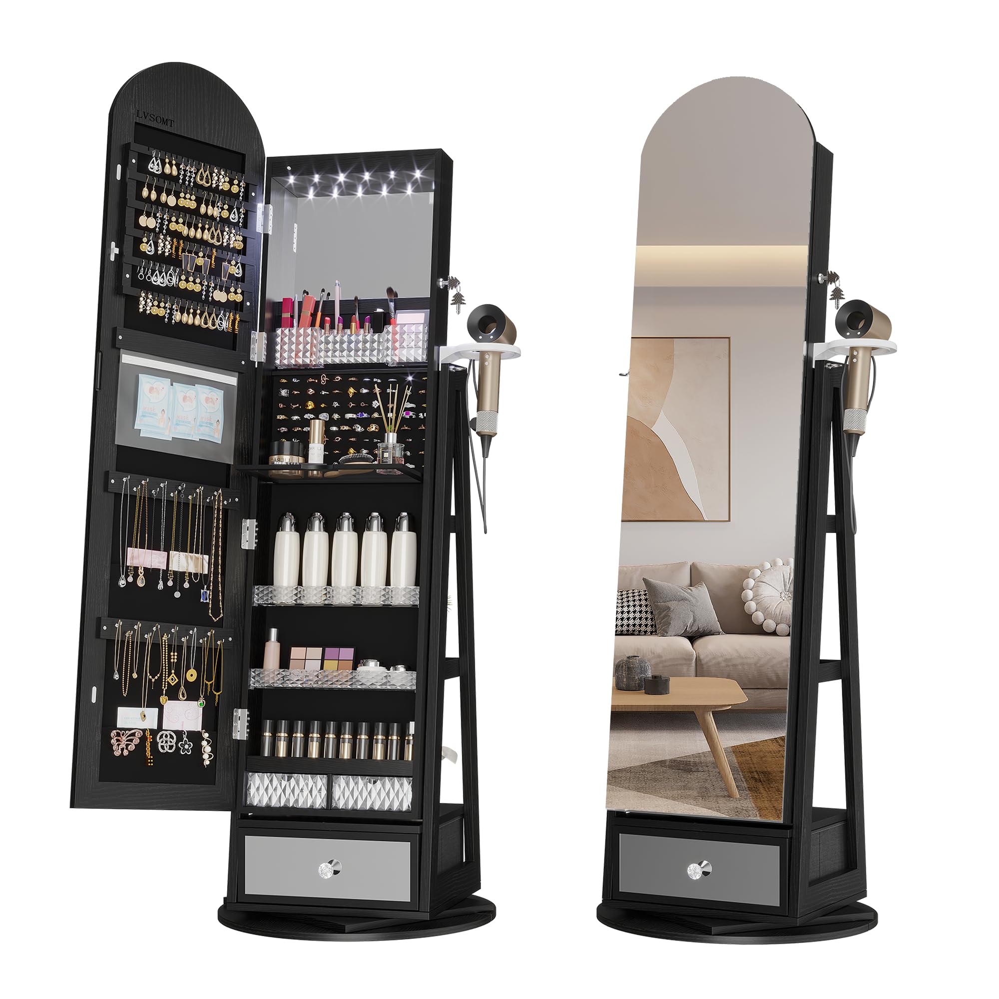 LVSOMT LVSOMT LED Espejo Joyero de pie Arqueado, Giratorio 360° Armario Joyero con Espejo de pie, Arco Espejo armario joyero con Cerradura, Espejo de cuerpo entero con Armario para joyas Luz, Negro