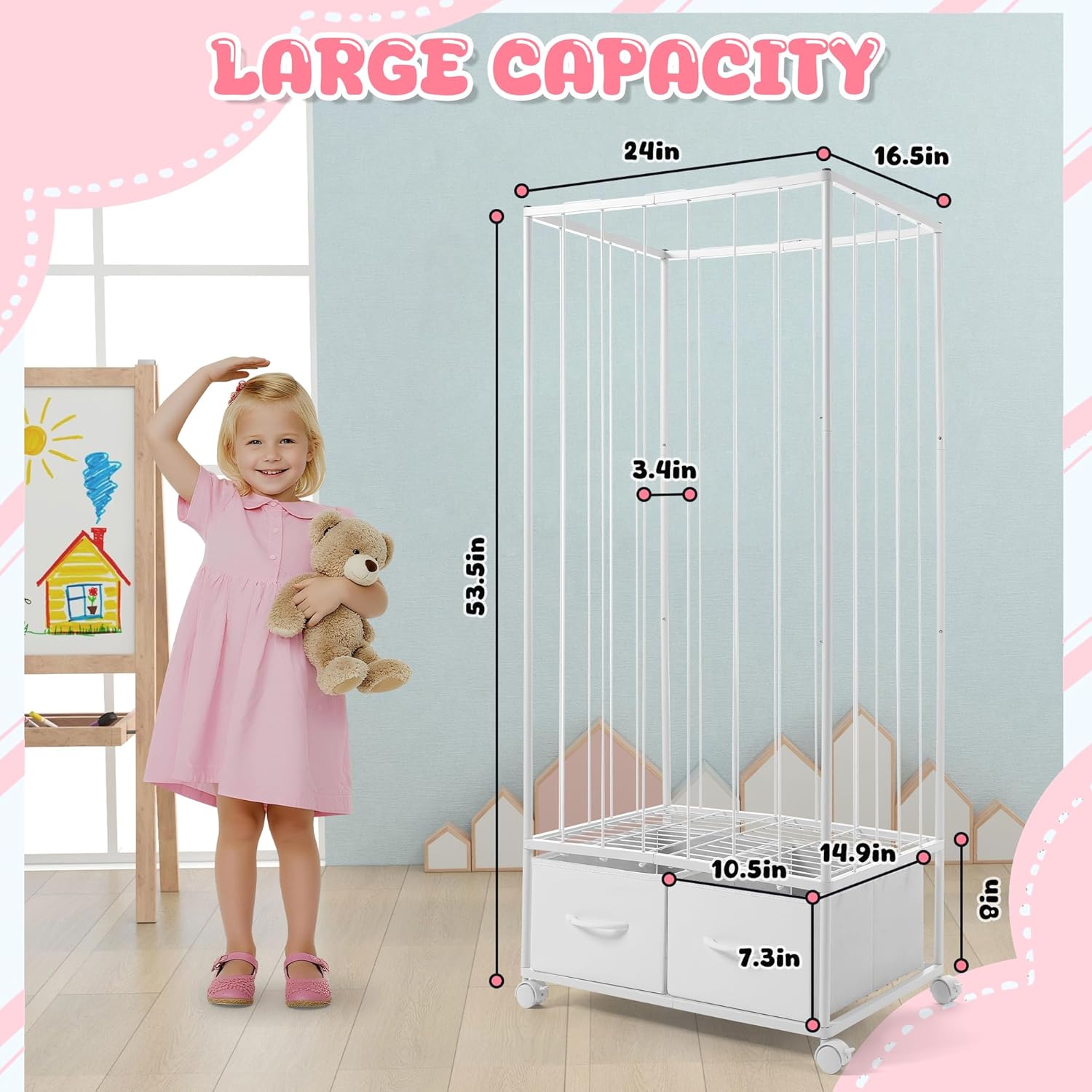 Stuffed Animal Storage Organizer, Jumbo Metal Stuffed Animal Zoo with 2 Drawers and Lockable Casters, 54"x24"x16.5" Extra Large Stuffed Animal Storage Holder Organizers for Playroom Bedroom Nursery