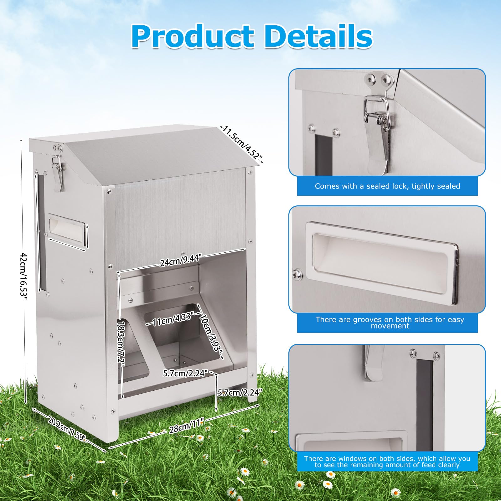 Mangeoire Poule MUYIRTED Mangeoire Automatique Poule, 10 Kg Distributeur Graines Poules En Acier Inoxydable, Accessoires Poulailler Pour Volaille, Pigeons, Mangeoire Exterieur À Suspendre Nourriture Poule
