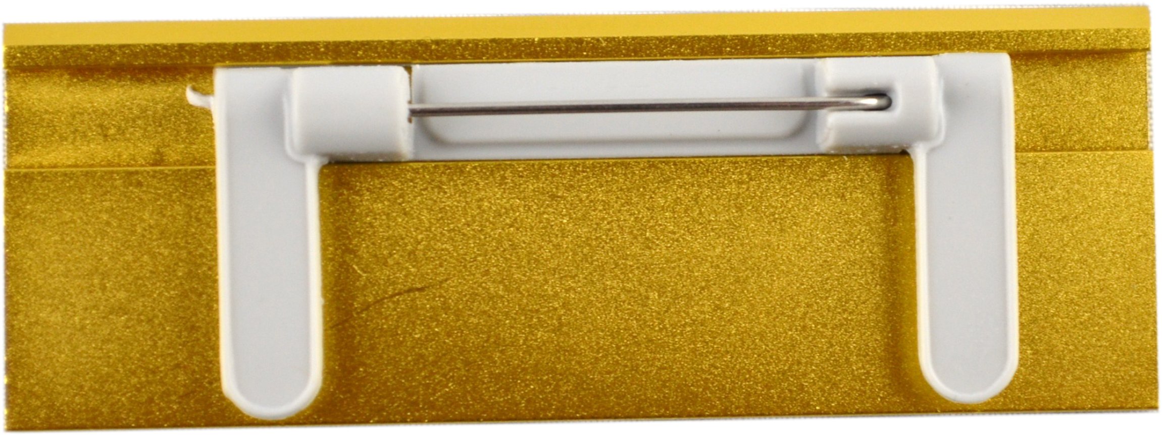 Aluminium Namensschilder goldfarbig aus Metall 70x25 mm mit Magnet und Nadel/Clipkombination individuellem Logodruck Farbdruck für die Kleidung Papiereinschub (50)