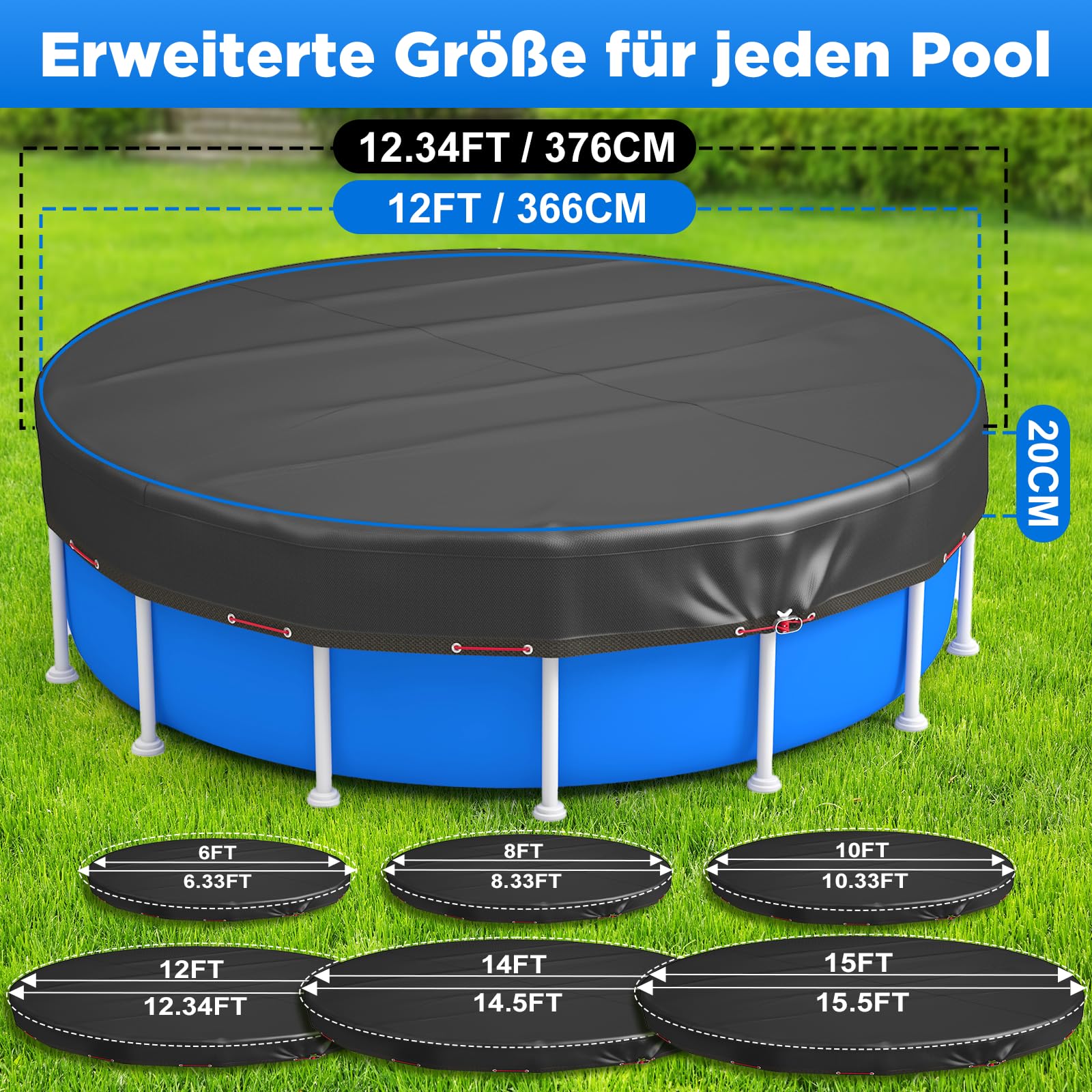 Poolabdeckung 366,Poolplane Rund,Poolfolie Robuste wetterfeste runde Abdeckung passend für runden Gartenpool, Staub- laub- und frostschützend,wärmedämmend,wasserdichte abdeckplane Pool Pool Abdeckung