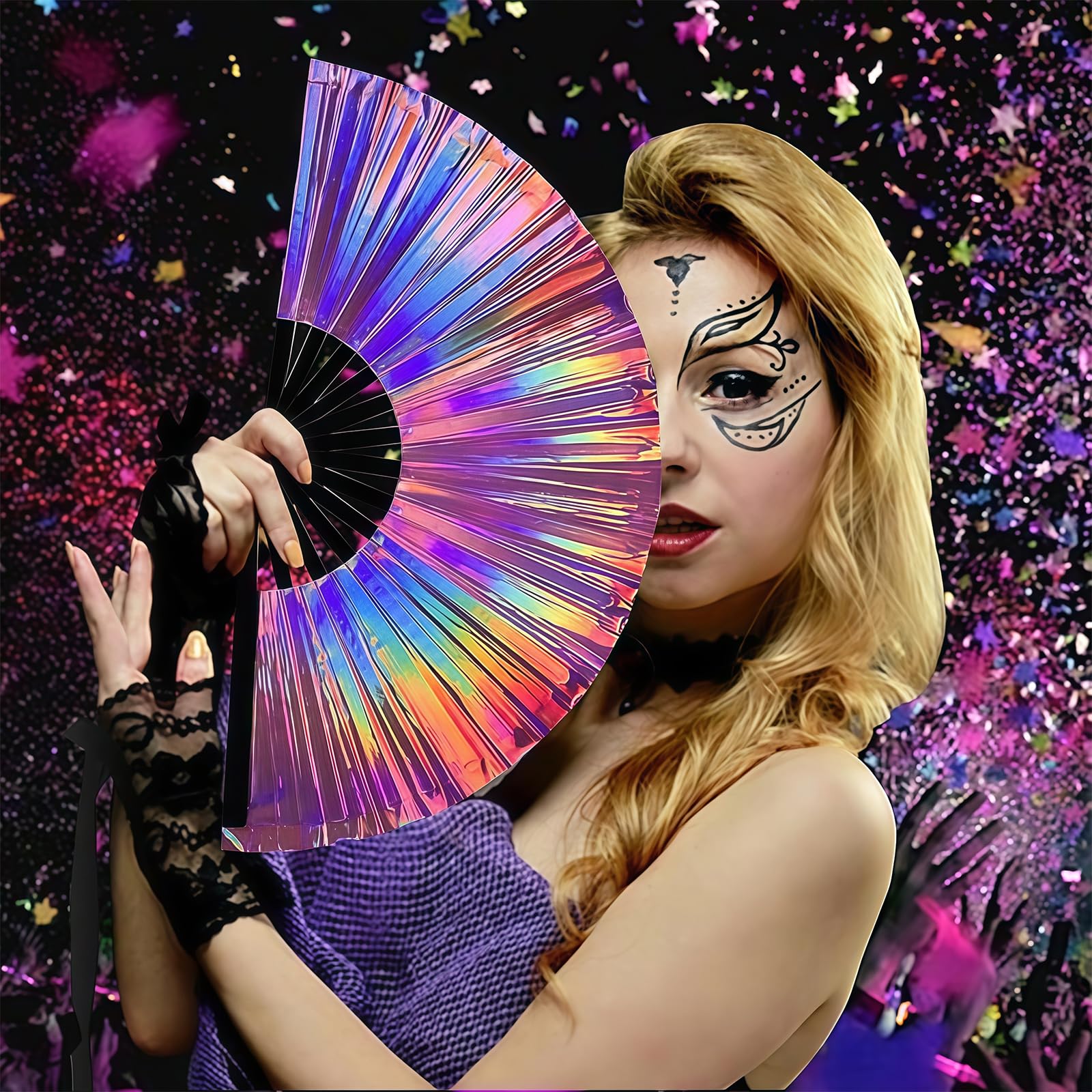 YAMOBI duży składany wachlarz ręczny rave, 1 sztuka, holograficzne kolory laserowe, idealny na festiwale, imprezy, dyskoteki, do dekoracji domu
