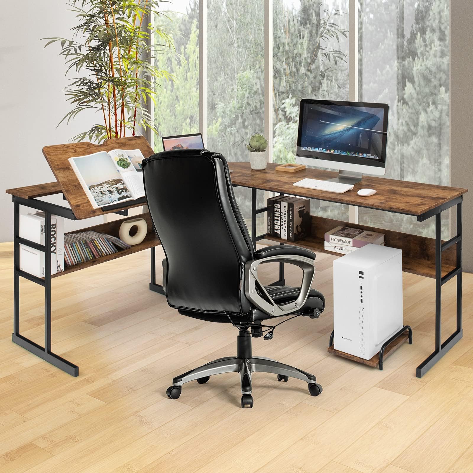 COSTWAY L-förmiger Schreibtisch, Eckschreibtisch aus Holz mit neigbarer Tischplatte, 2 Ablagen & CPU-Ständer, Computertisch für Zuhause & Büro, 170 x 150 x 75 cm (Braun)