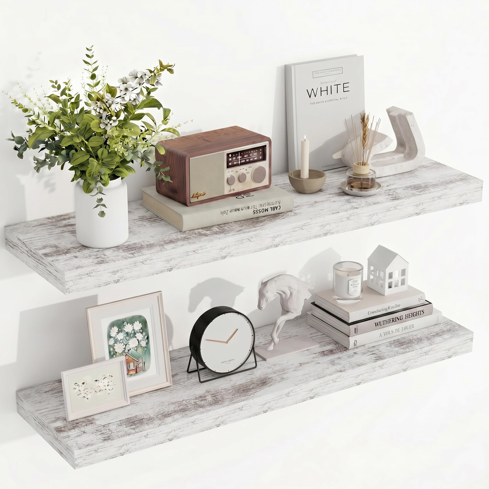 Acovy Floating Shelves for Wall, 23.5cm Extra Deep 90cm Long Wooden Wall Mounted Shelf, Wall Shelves for Living Room Bathroom Bedroom Kitchen, Washed White, Set of 2