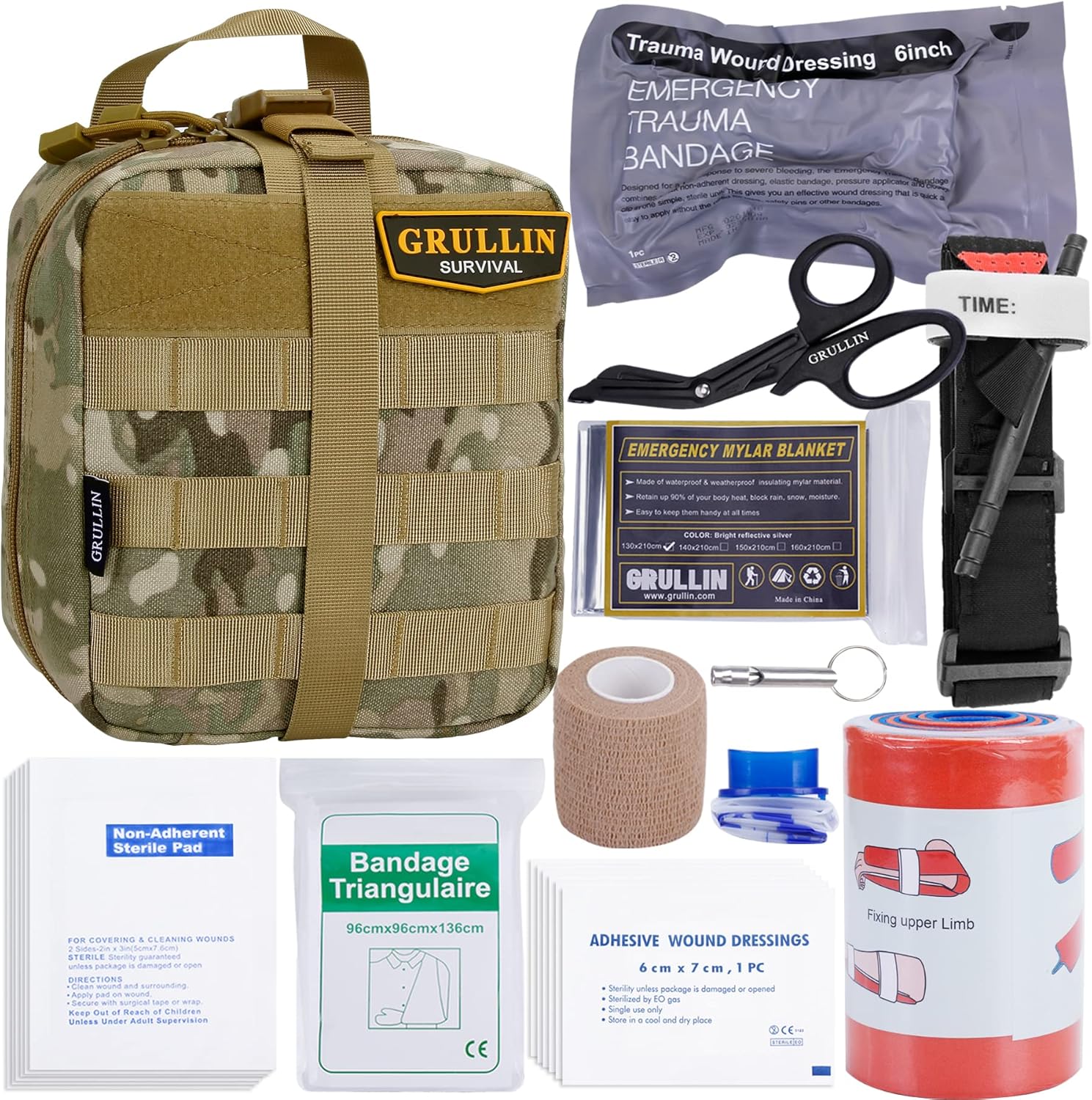 GRULLIN Survival First Aid Kit, 39 Pieces Tactical Molle EMT IFAK Pouch