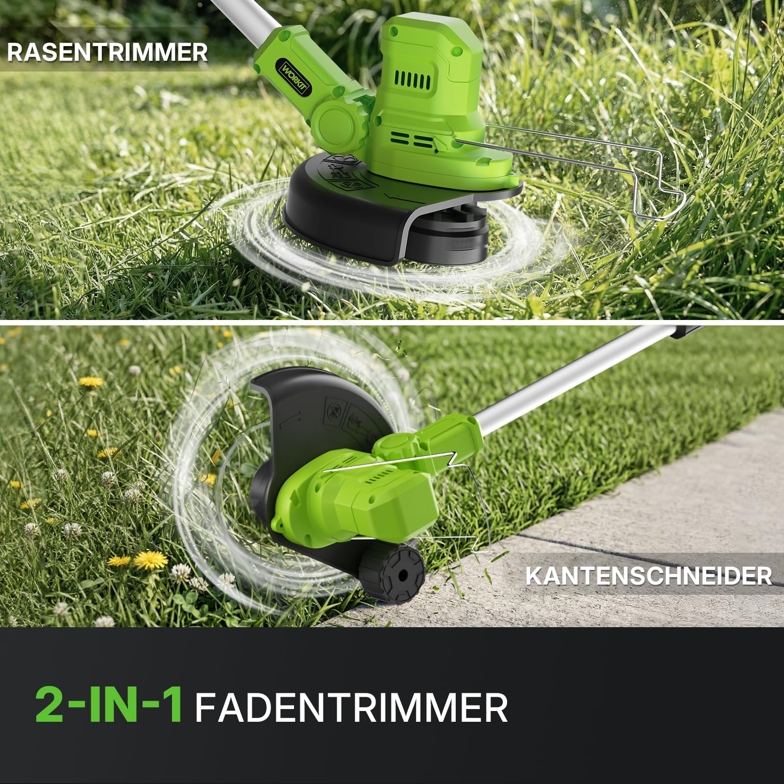 WORKIT 20V Akku Rasentrimmer mit Akku und Ladegerät, 2-in-1 Freischneider Akku, Bürstenloser Motor, inkl. 2x 4,0 Ah Akkus, Teleskopstiel für Unkrautentfernung, Gartenpflege Set