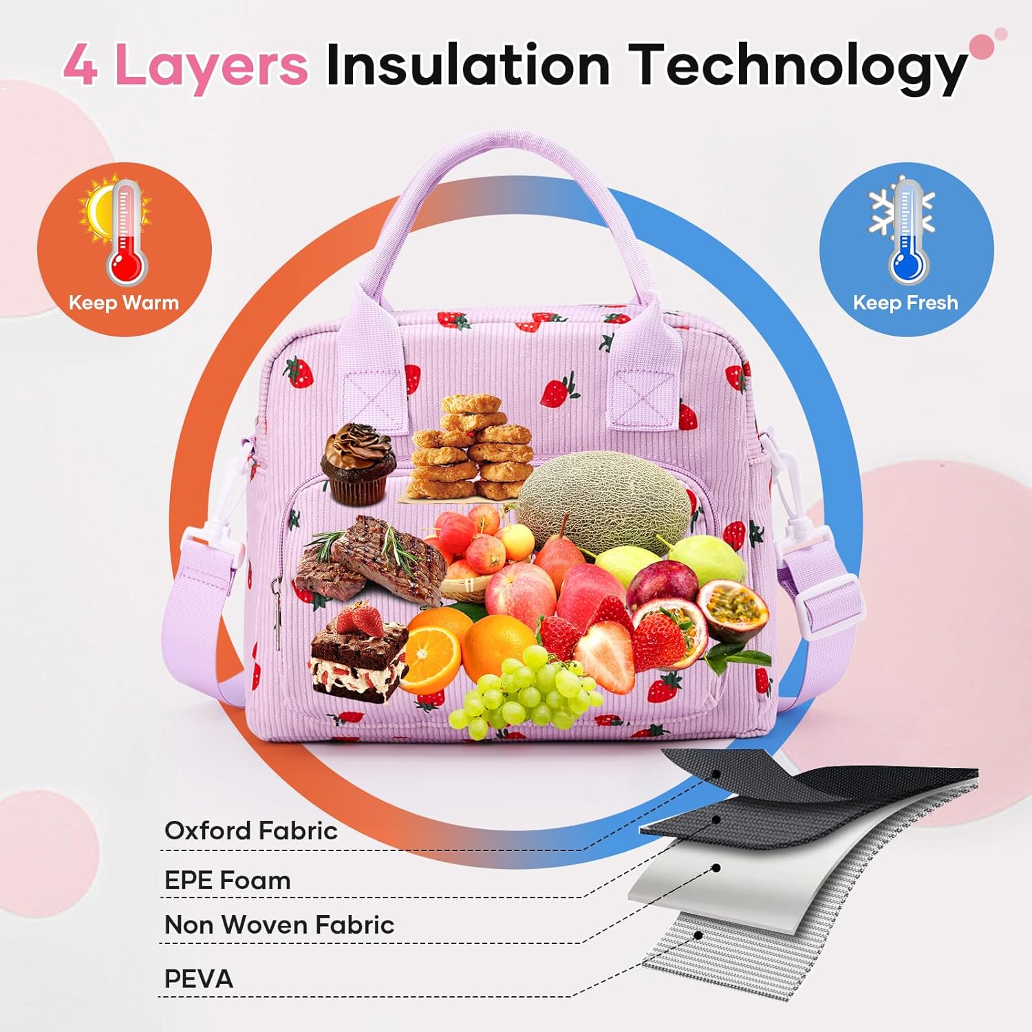 Cute Lunch Bag for Women, Corduroy Insulated Lunch Box for Work Lunch Tote Bag Women, Reusable Insulated Cooler Strawberry Lunch Box for Travel - Image 6