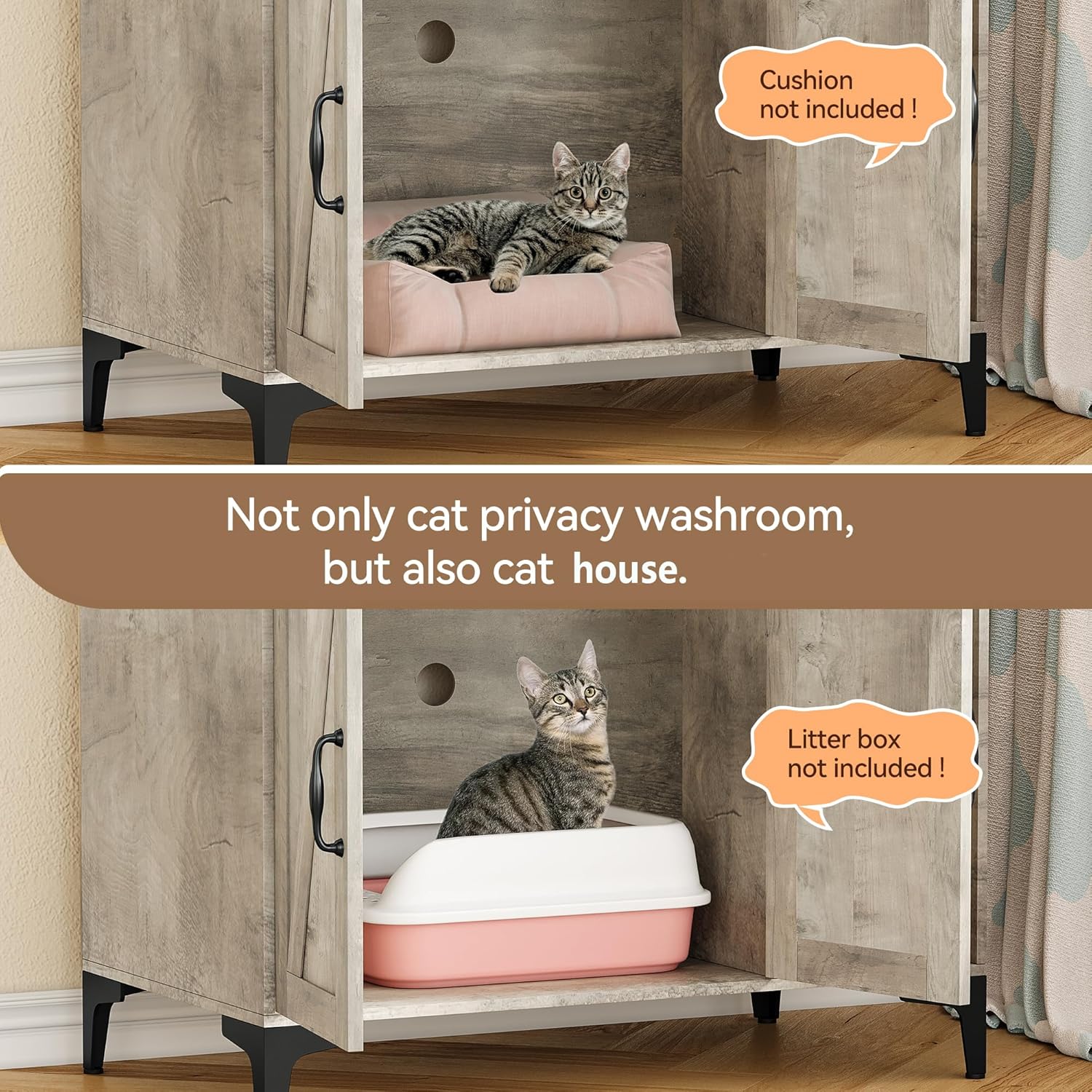 GAOMON Cat Litter Box Enclosure, 3 Shelves, Modern Style, Hidden Litter Box Furniture with Storage and Doors, Grey
