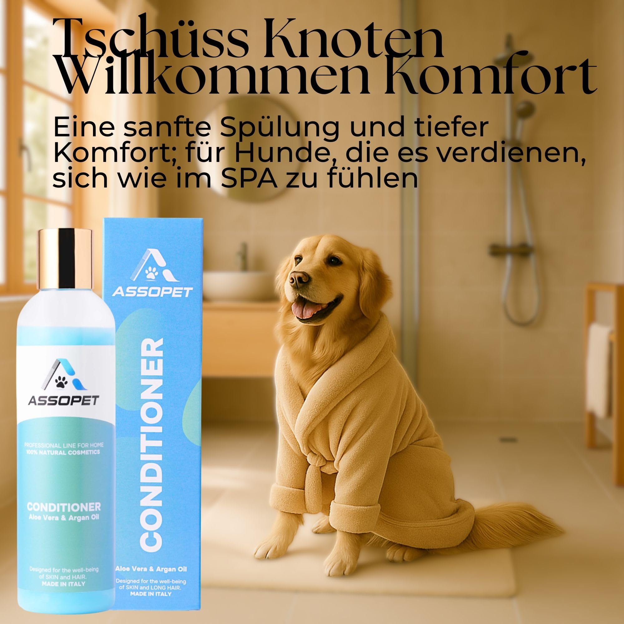 Hunde Conditioner & Fellbalsam 250 ml – ASSOPET – Natürliche Fellpflege mit Bio-Arganöl & Bio-Aloe Vera – Entwirrend, Weichmachend, Glanzgebend – Vegan, Made in Italy