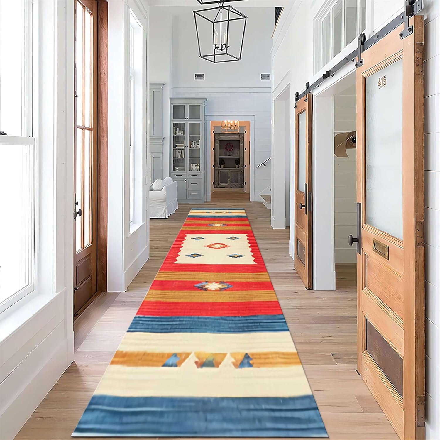 Vintage Bohemian Hallway Runner Rug 1.3x7ft Ethnic Geometric Design Runner Rug Washable Non-Slip Floor Carpet for Living Room Indoor Doormat Entrance Throw Area Rug Washable Kitchen Rugs