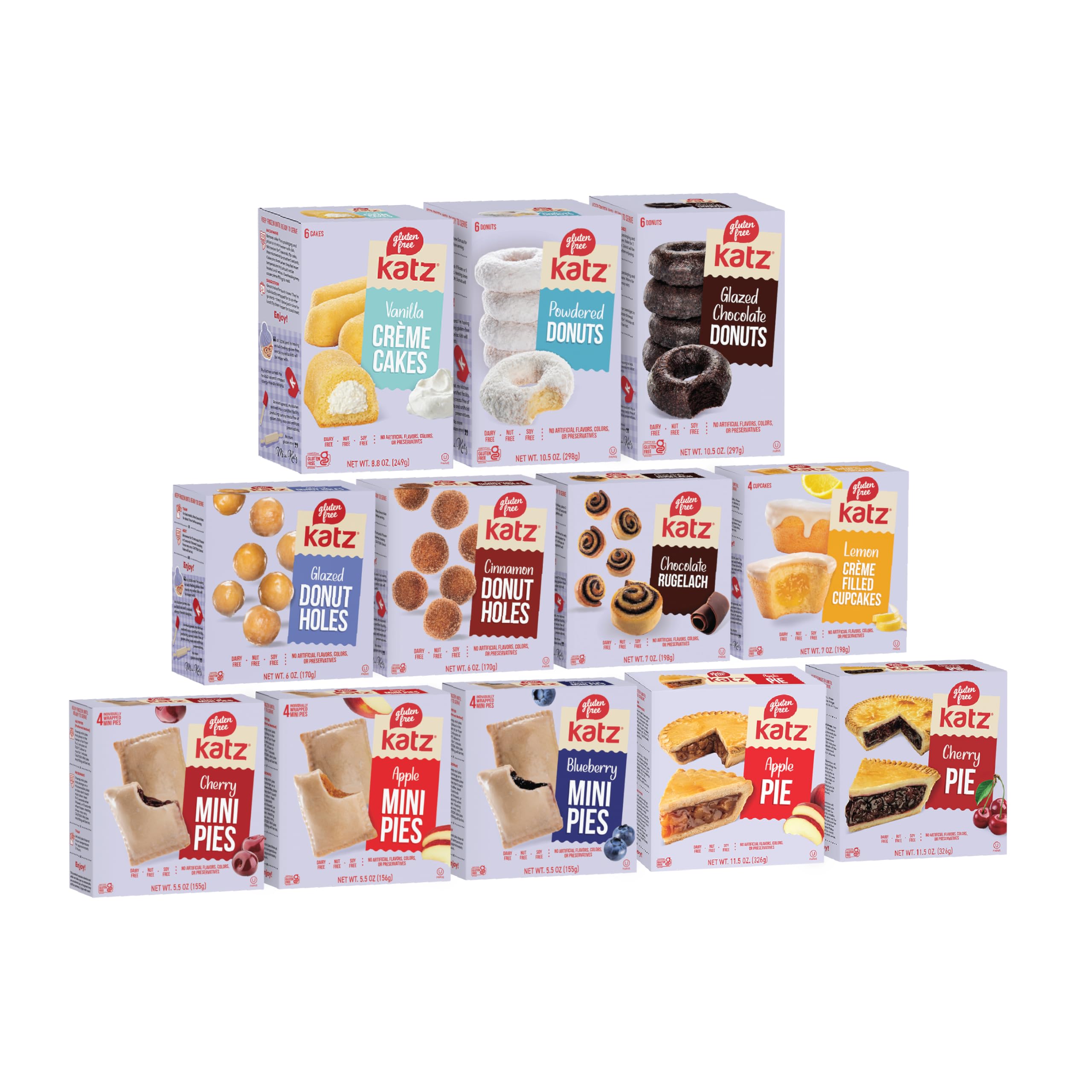 Katz Gluten Free Top 12 Best Sellers Variety Pack. Donuts & Donut Holes, Mini & Personal Fruit Pies, Crème Cakes & Cupcakes, Rugelach. Free of Dairy, Tree Nuts, Peanuts, Sesame, and Soy. Kosher (12pk)