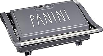 Rae Dunn Panini Maker - 750 Watt 2-Slice Press Grill with Indicator Lights | Opens 180 Degrees | Double Sided Heating | Non-stick Cooking | Cool Touch Handle | Easy to Clean, Grey