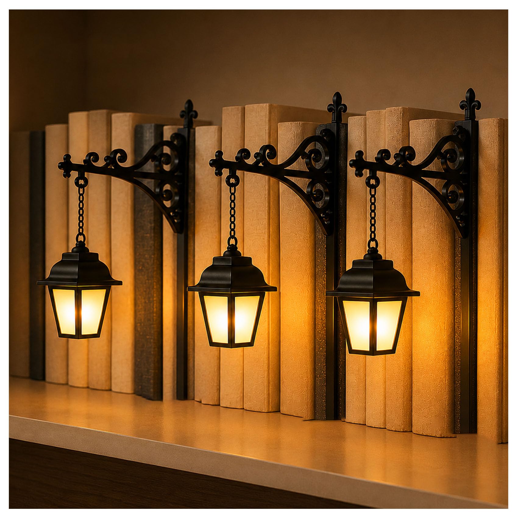 Library Lantern Mini Bookshelf Lamp, Iron Bookend with Warm Light, Decorative Bookshelf Lantern for Home Library, Study and Reading Nook (Lantern Style,3pcs)