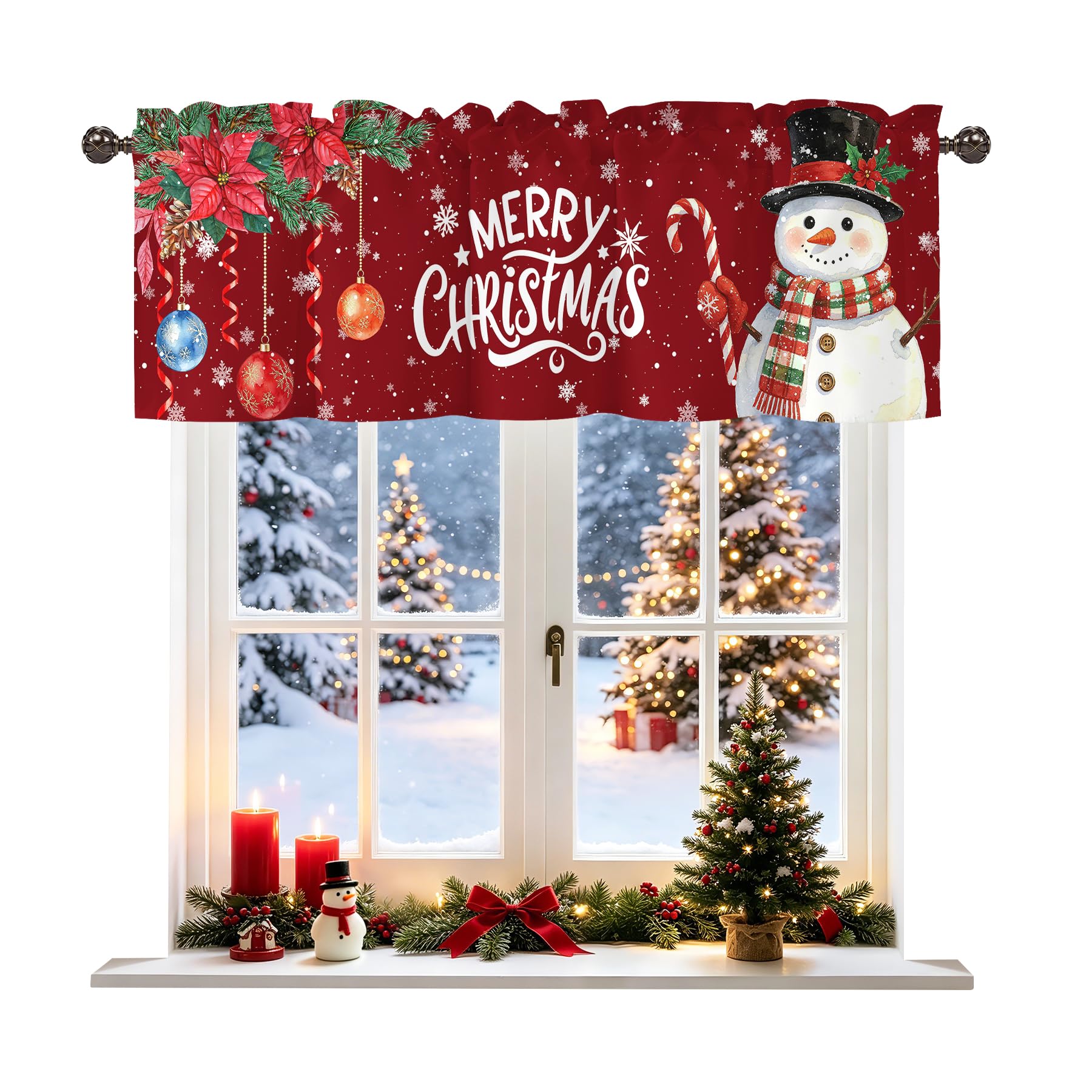 Christmas Snowman Xmas Tree Valance for Windows, Rod Pocket Short Curtain Topper for Kitchen Bathroom Laundry Basement, 42W x 12L Inch
