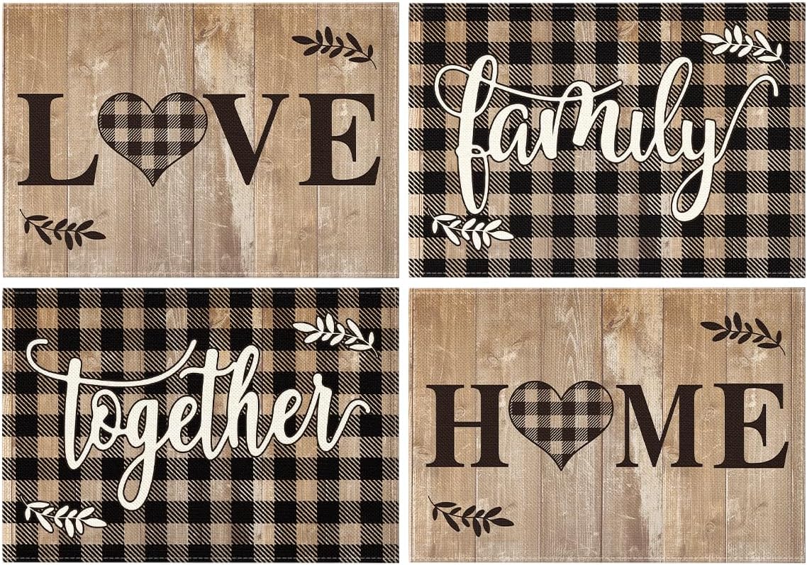 Artoid Mode Buffalo Plaid Farmhouse Placemats Set of 4 - 12x18 Inch Wood Love Family Home Decor for Kitchen Dining Parties