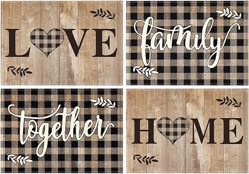 Artoid Mode Wood Love Family Home Together Buffalo Plaid Placemats Set of 4, 12x18 Inch Farmhouse Table Mats Party Kitchen Dining Decoration