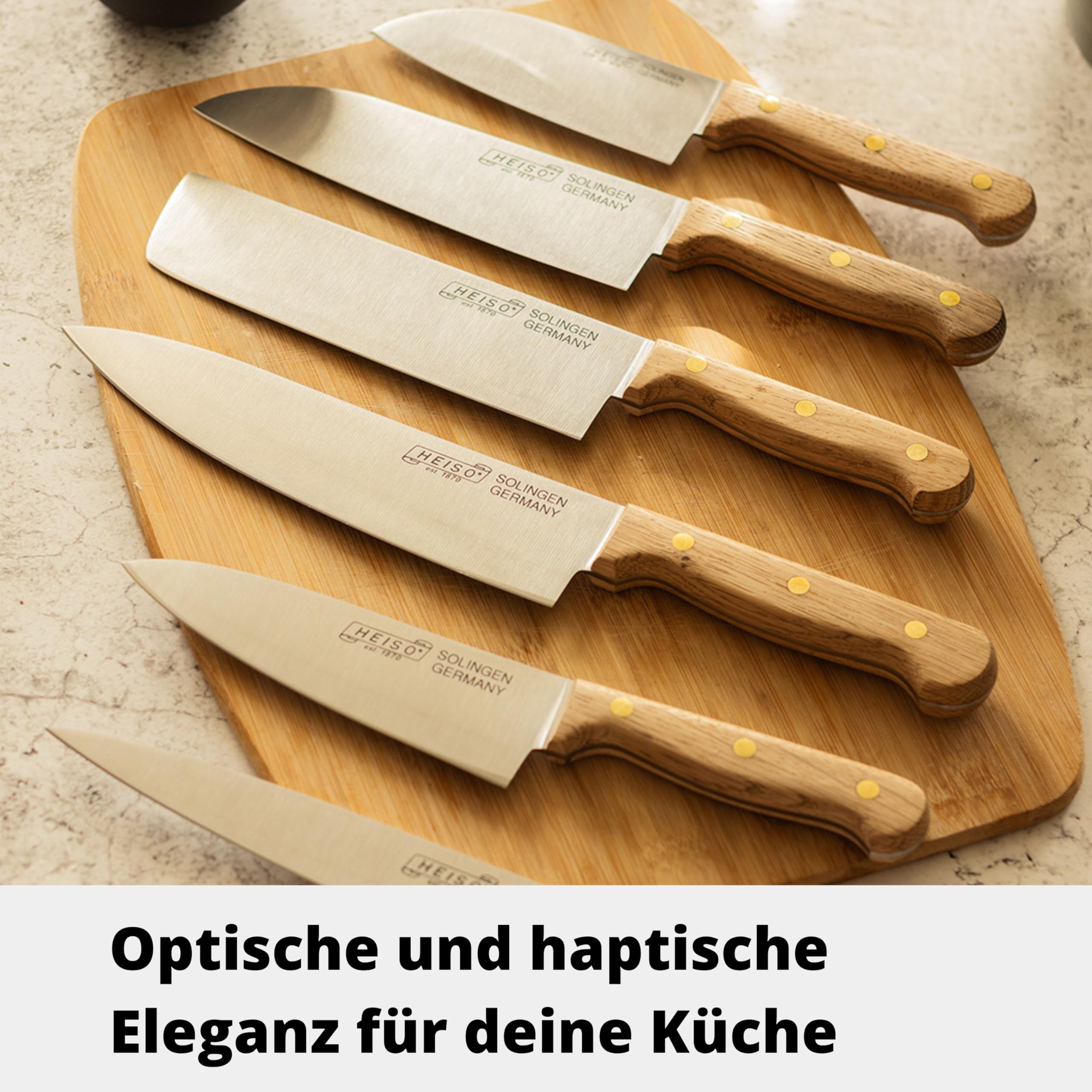 HEISO Santokumesser 13cm – Gustav – handgefertigt in Solingen aus rostfreiem Edelstahl, Griff aus heimischer Eiche, deutsche Manufakturqualität