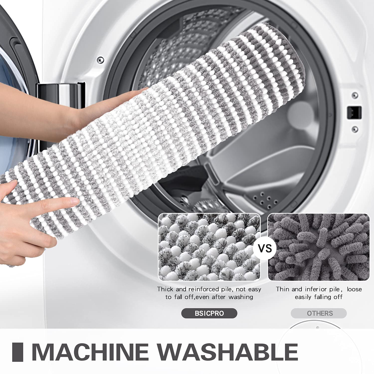 Bathroom Rugs and Mats Sets, 2 Piece Thick Absorbent Chenille Bath Mat Rug Set Non Slip, Soft Shaggy Bath Room Floor Mats for Bathroom, Machine Washable (20" x 47" Plus 16" x 24", Gray)