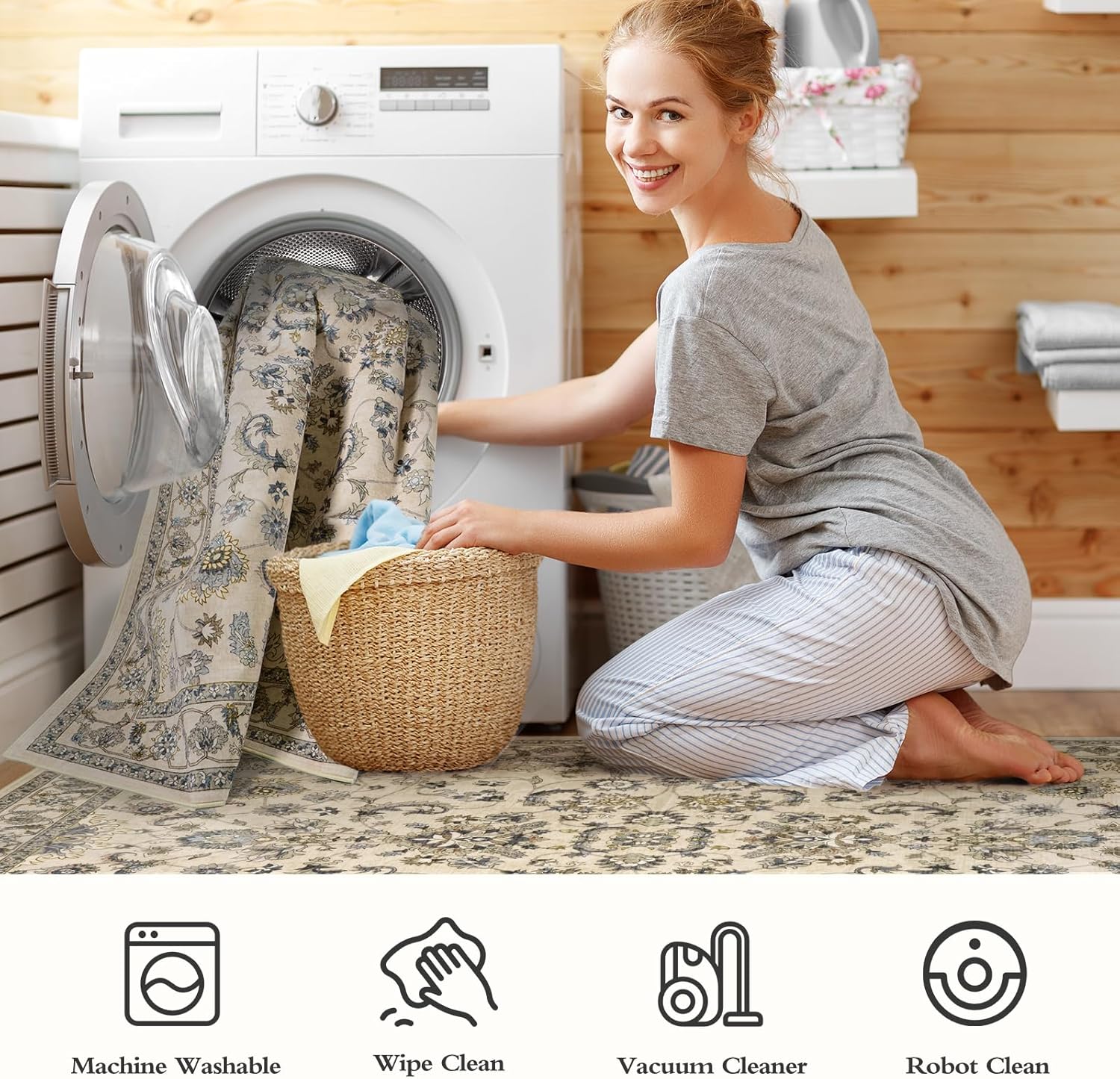 Lukinbox Khaki Area Rugs 8x10, Large Floral Washable Boho Rugs for Living Room, Vintage Non-Slip Accent Rug for Bedroom, Stain Resistant Low-Pile Floor Carpet for Dinning Room Home Office Department