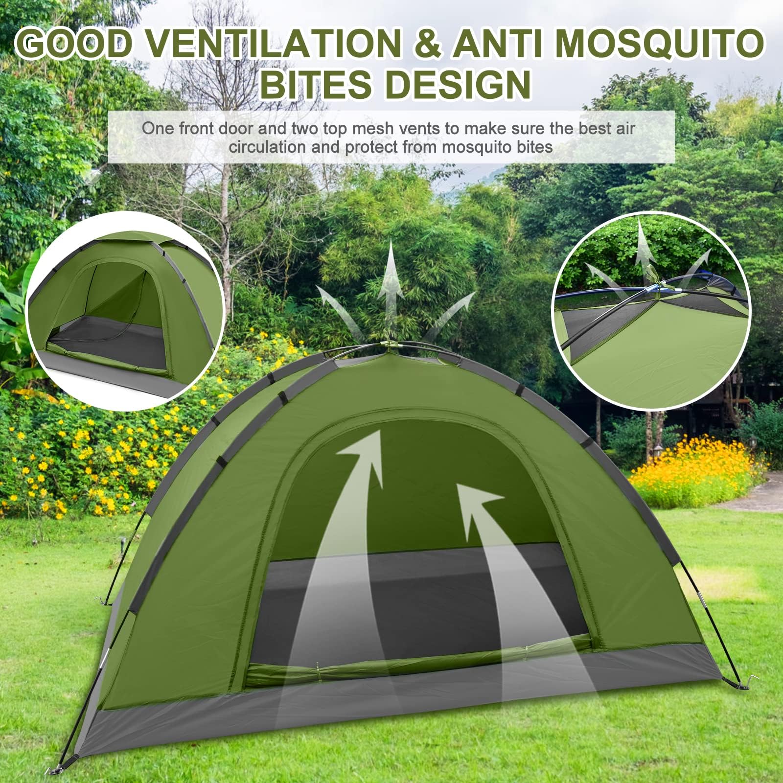 Tenda Campeggio 1 Posti - Tenda da Campeggio a Cupola Leggera Tenda da Zaino in Spalla con Schermo Anti Zanzare Trasparente 3000 mm Impermeabile, Borsa per il Trasporto, ombra parasole