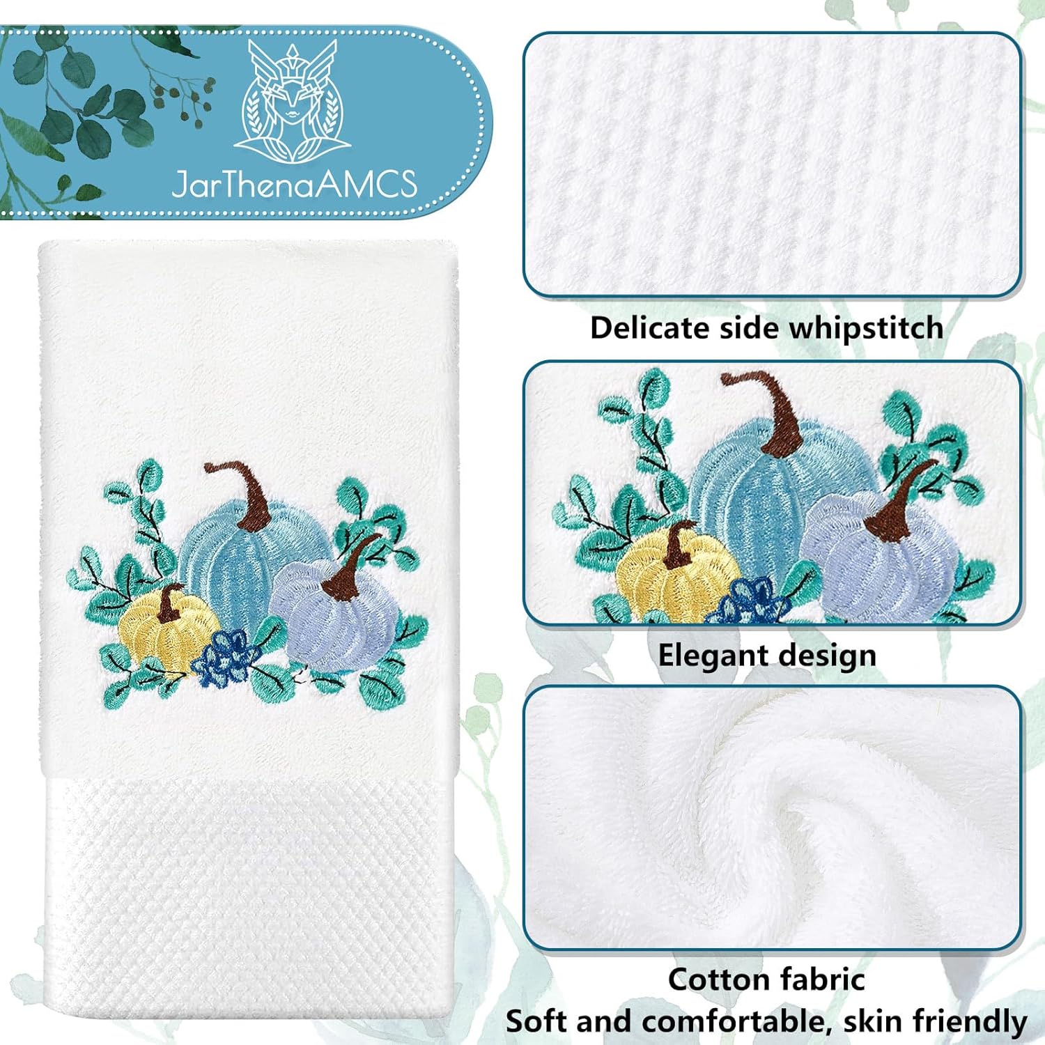 JarThenaAMCS 2Pcs Fall Hand Towels Blue Pumpkin Eucalyptus Leaves Cotton Embroidered Bathroom Towels Autumn Dish Towels for Hand Drying Cleaning Cooking Gift Kitchen Decor, 29.5 x 13.7 Inch - Image 3
