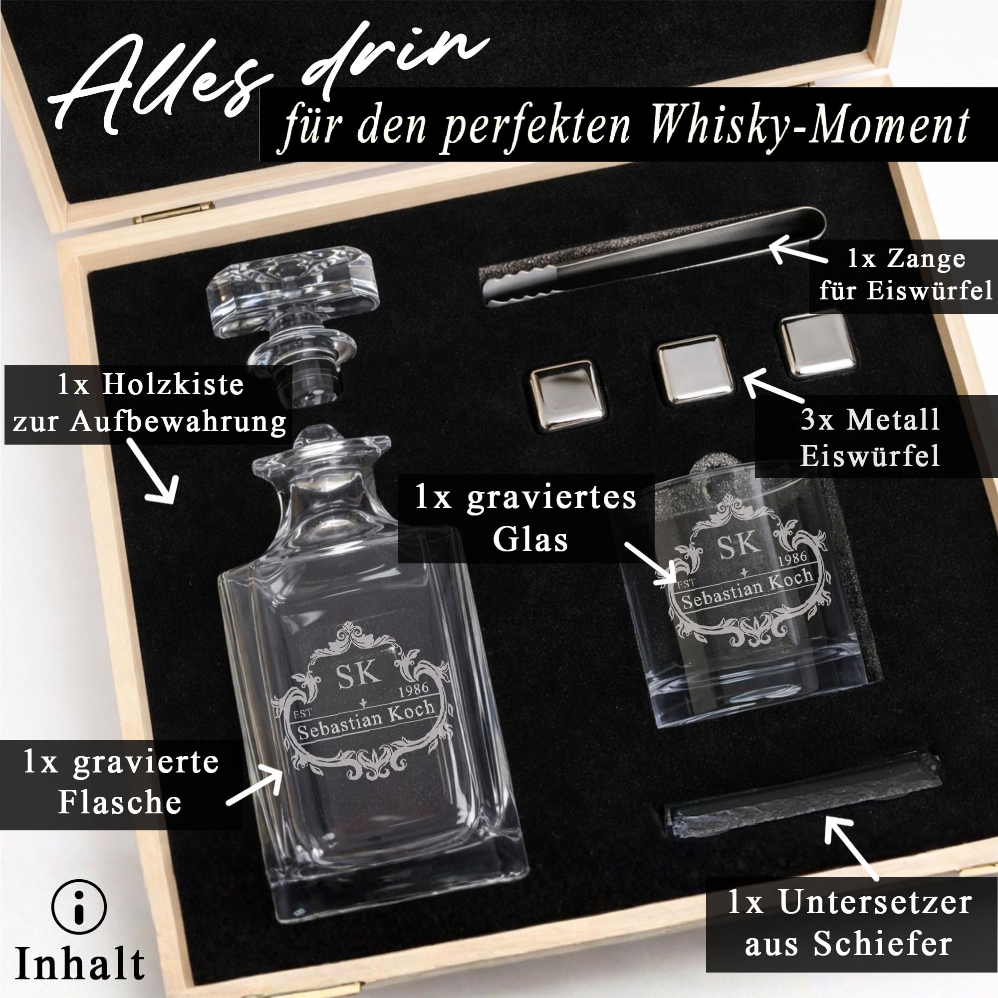 LOOXIS Personalisiertes Whisky Geschenkset mit Namen & Motiv graviert - 1x 300ml Whiskyglas, 700ml Karaffe, 1x Edelstahleiswürfel- Geschenkidee Männer, Vatertag, Weihnachten - Geschenkset 1, Motiv 1