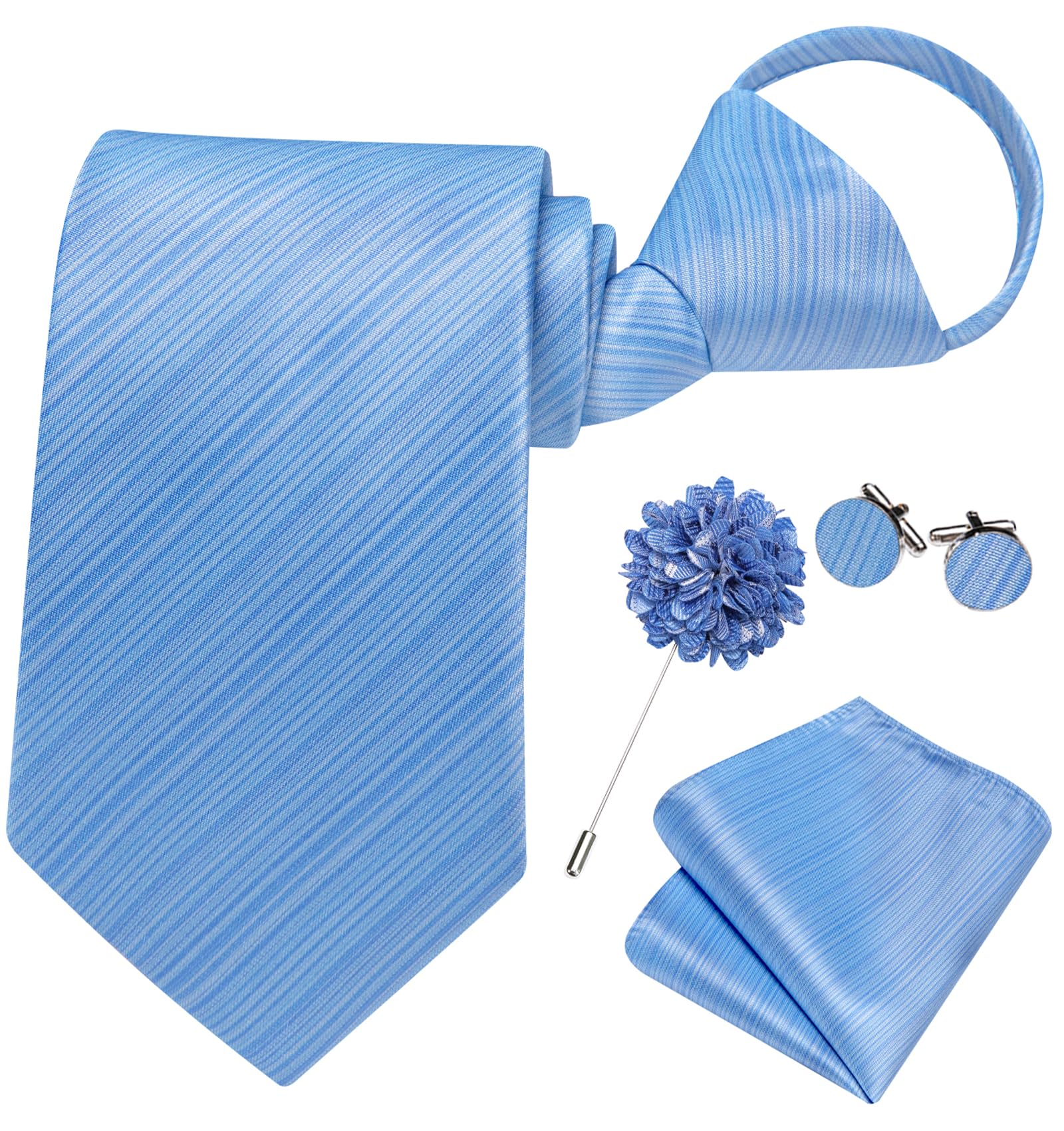 Hi-Tie Sky Blue Zipper Ties for Men Striped Adjustable Pre-Tied Necktie Lapel Pin Pocket Square Cufflinks Set