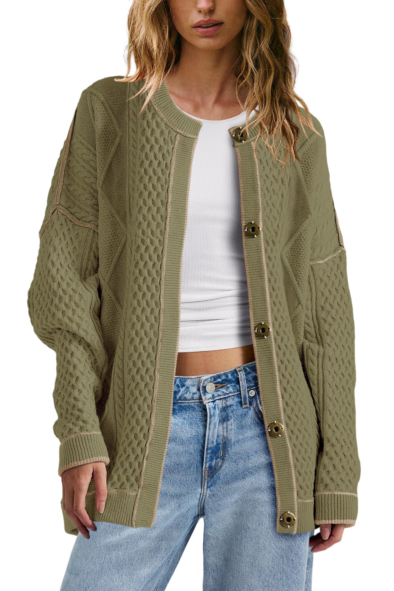 Panadila Womens Oversized Cable Knit Cardigan Sweaters Lightweight Button Down Cardigan Fall Striped Jackets with Pockets