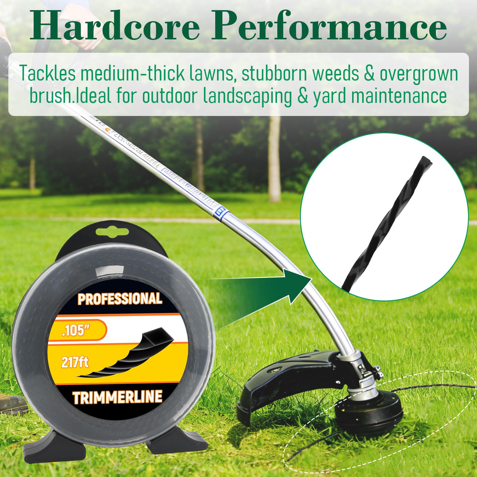 330105071 Fil de débroussailleuse diamant noir 0,105" (66,1 m) compatible avec Echo, Stihl, Husqvarna, DeWalt, Ryobi, Troy Bilt Weed Eaters