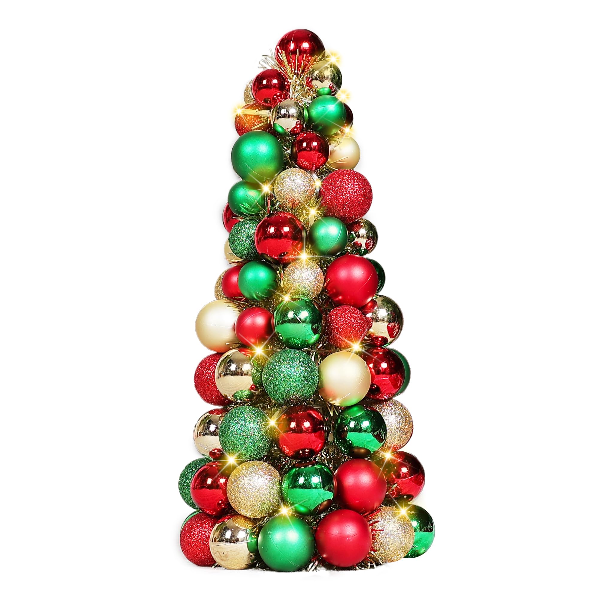 Amooca 16in Christmas Ball Tree with LED Lights Table Centerpiece Fireplace Decor Indoor Holiday Party Home Decoration Red Gold Green