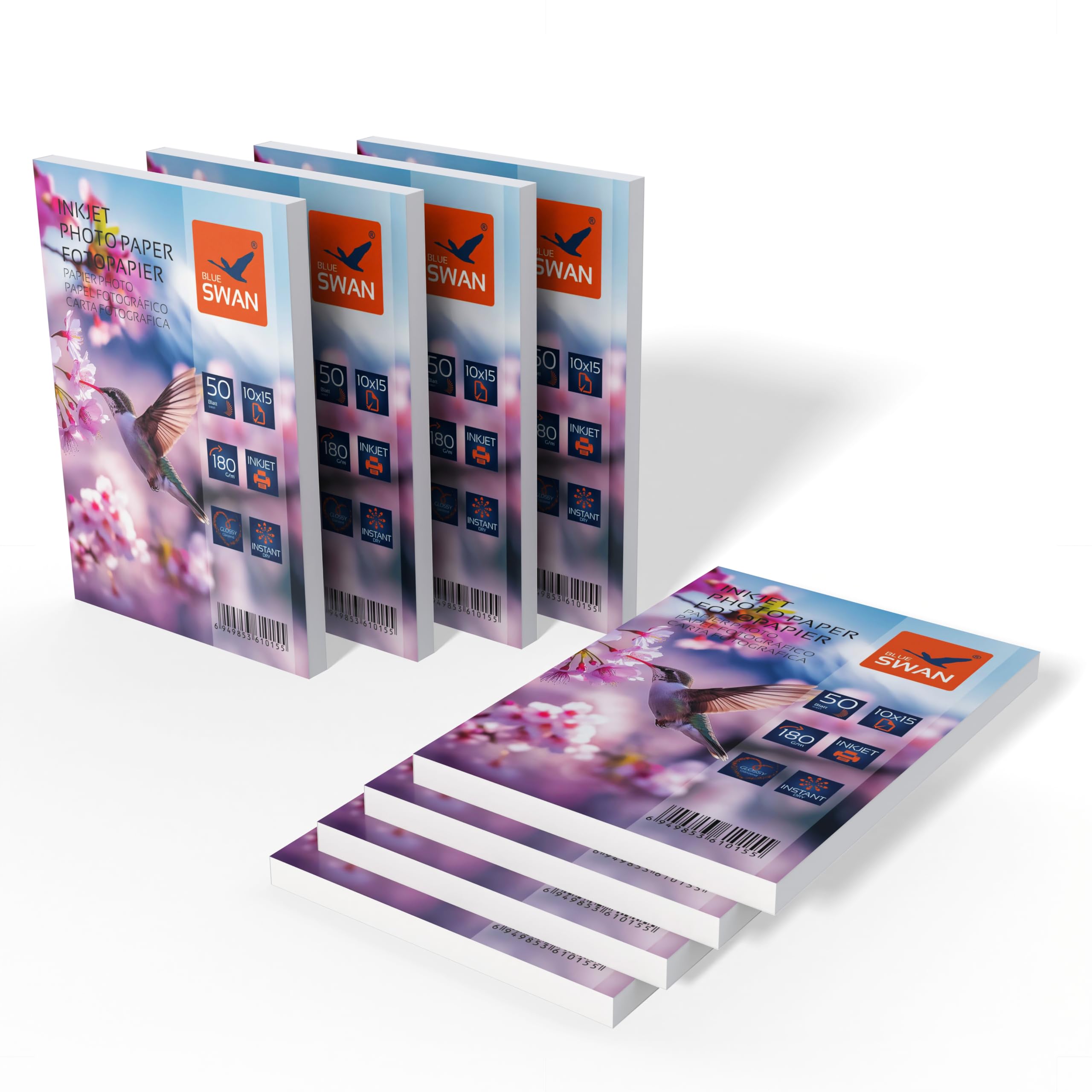 BLUE SWAN Carta Fotografica Lucida 10×15 cm, 180 g/m², 400 Fogli (8×50) – Rivestimento Monolato, Asciugatura Rapida, Resistente all’Acqua e ai Graffi, Colori Brillanti