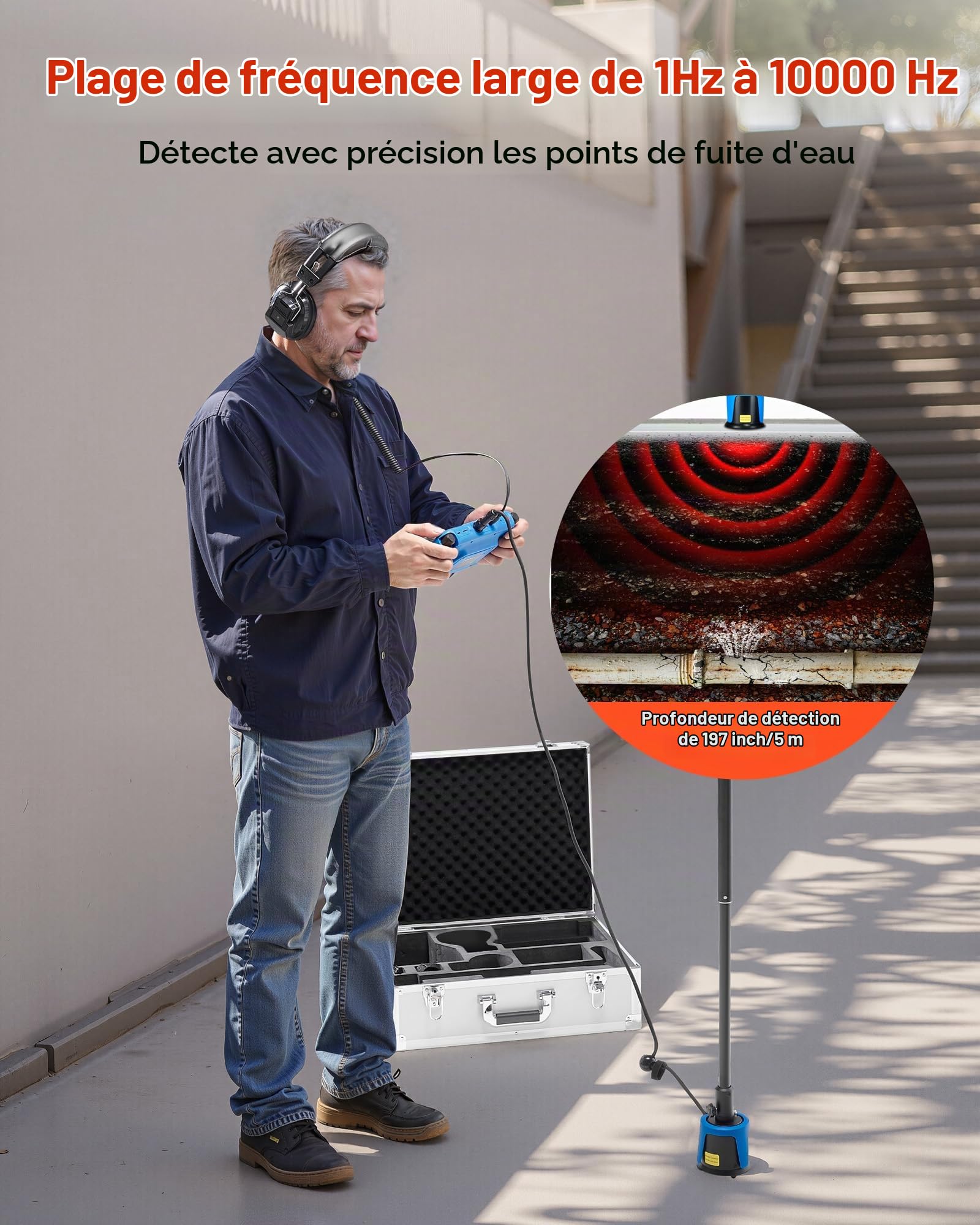 VEVOR Détecteur de Fuite d'eau Canalisations Souterraines d'Extérieur Profondeur 5 m, 1-10000 Hz, Écran Tactile LCD, avec Capteur Moyen, 3 Sondes d'Écoute, Casque, Étui de Transport, pour Plomberie