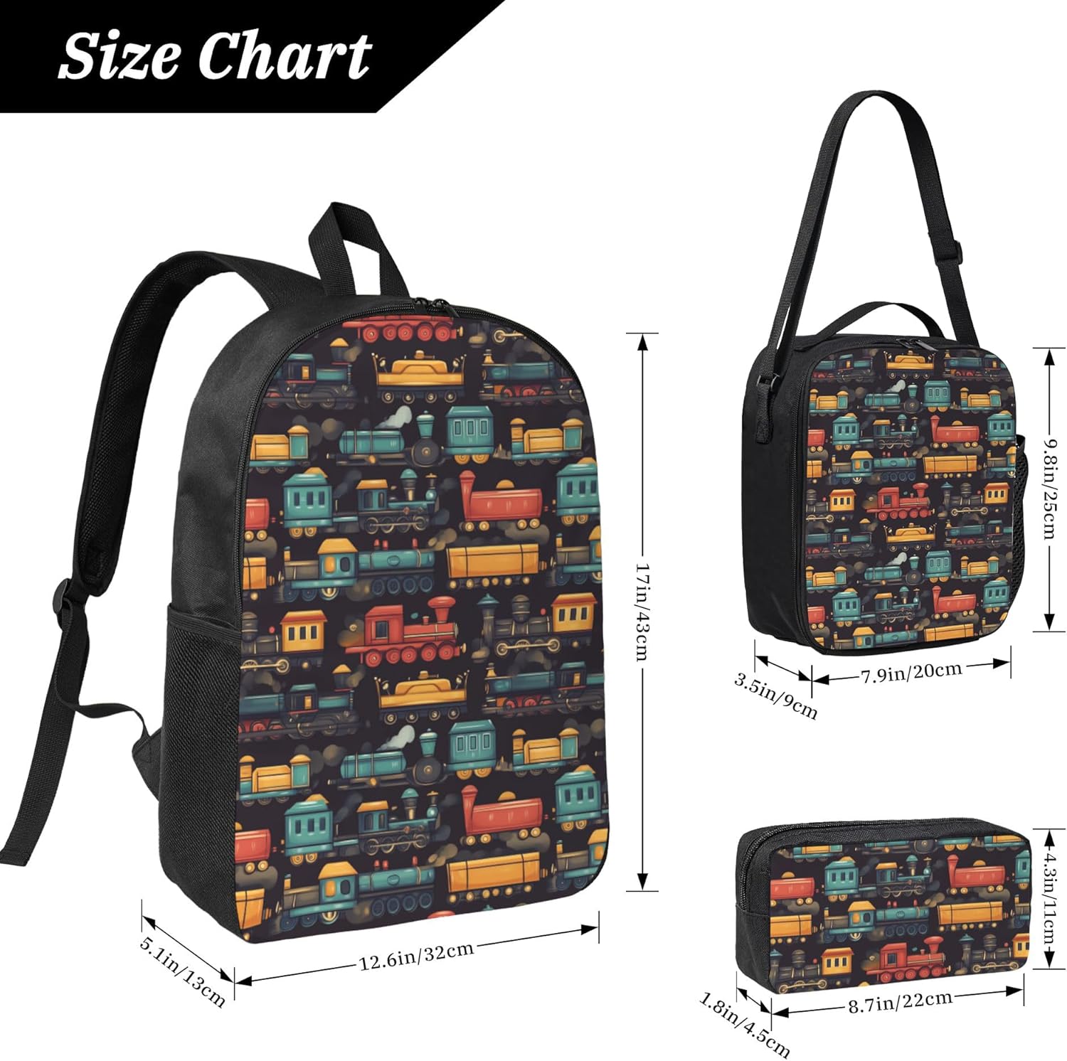 Train School Backpack Kids Girls Boys Teens 3PCS Bookbag with Lunch Box Pencil case Set Lightweight Bag