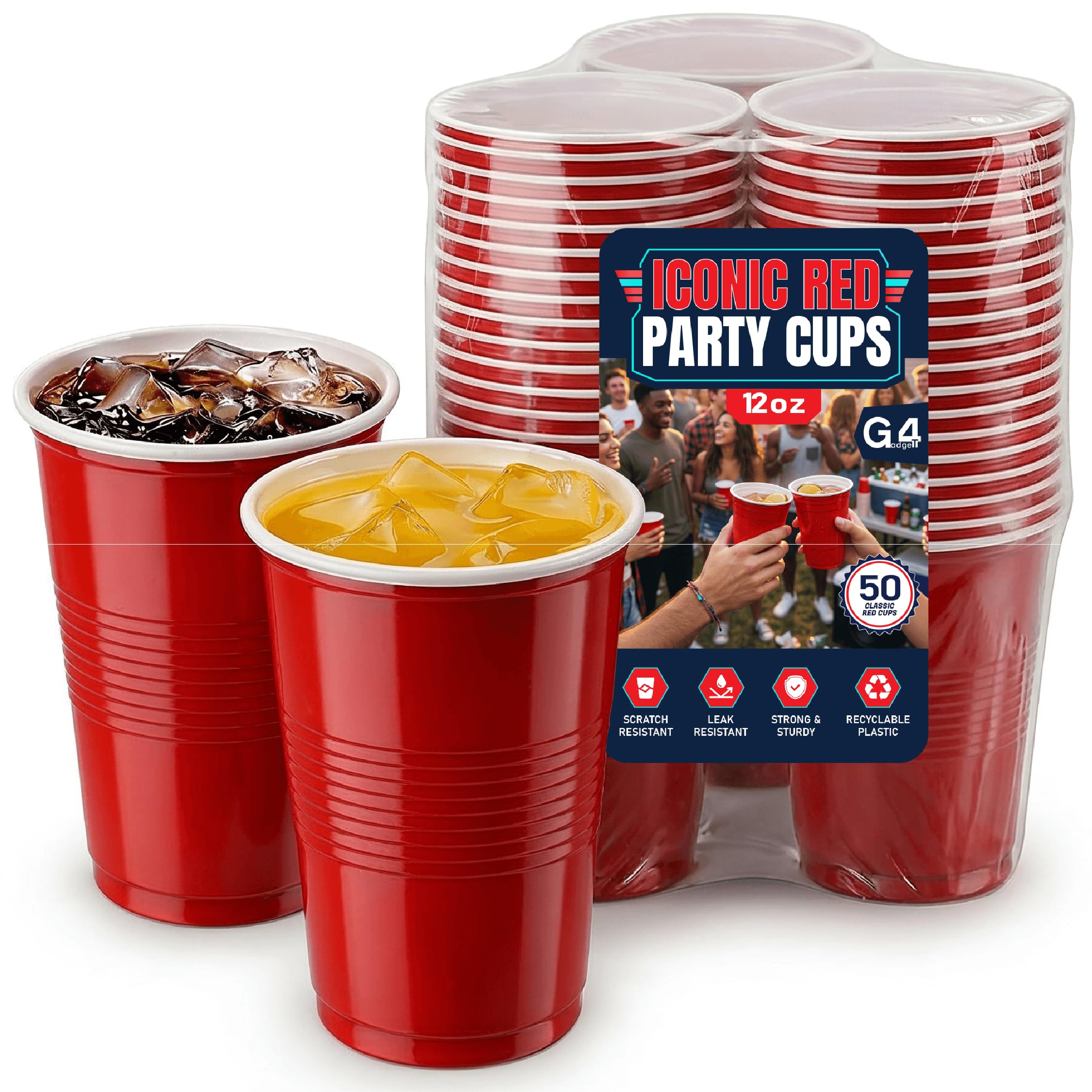 G4GADGET Red Plastic Cups 12oz (350ml) – Pack of 50 Heavy Duty Disposable & Reusable Party Cups, Strong Drinking Cups for BBQ, Birthday, Wedding, Picnic, Beer Pong & Events